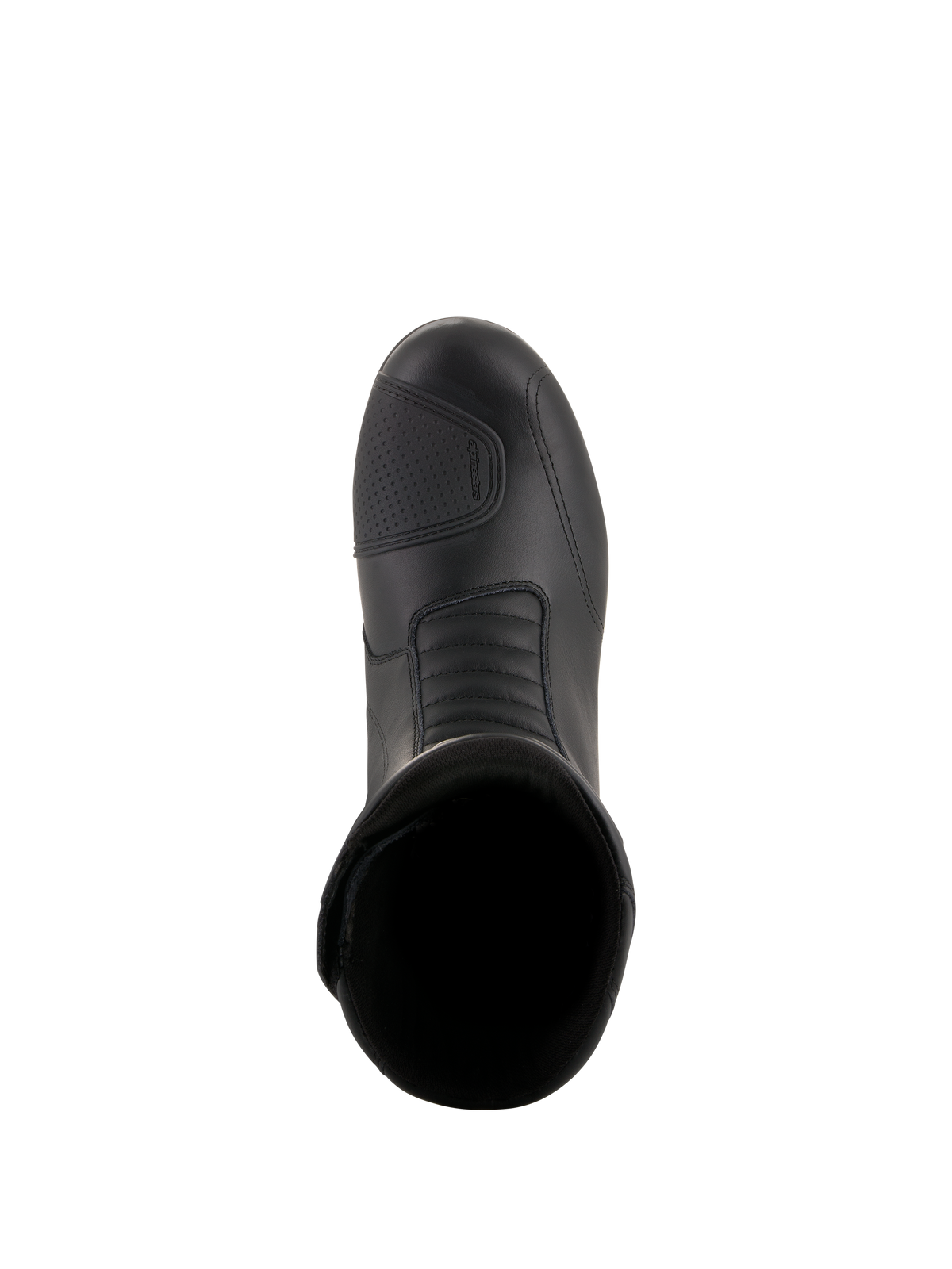 Bottes Alpinestars Andes V2 Drystar®, bottes de moto touring noires, vue de dessus présentant la tige en cuir, le renfort de sélecteur texturé et la zone de flexion en accordéon à l'avant pour une conduite d'aventure imperméable.