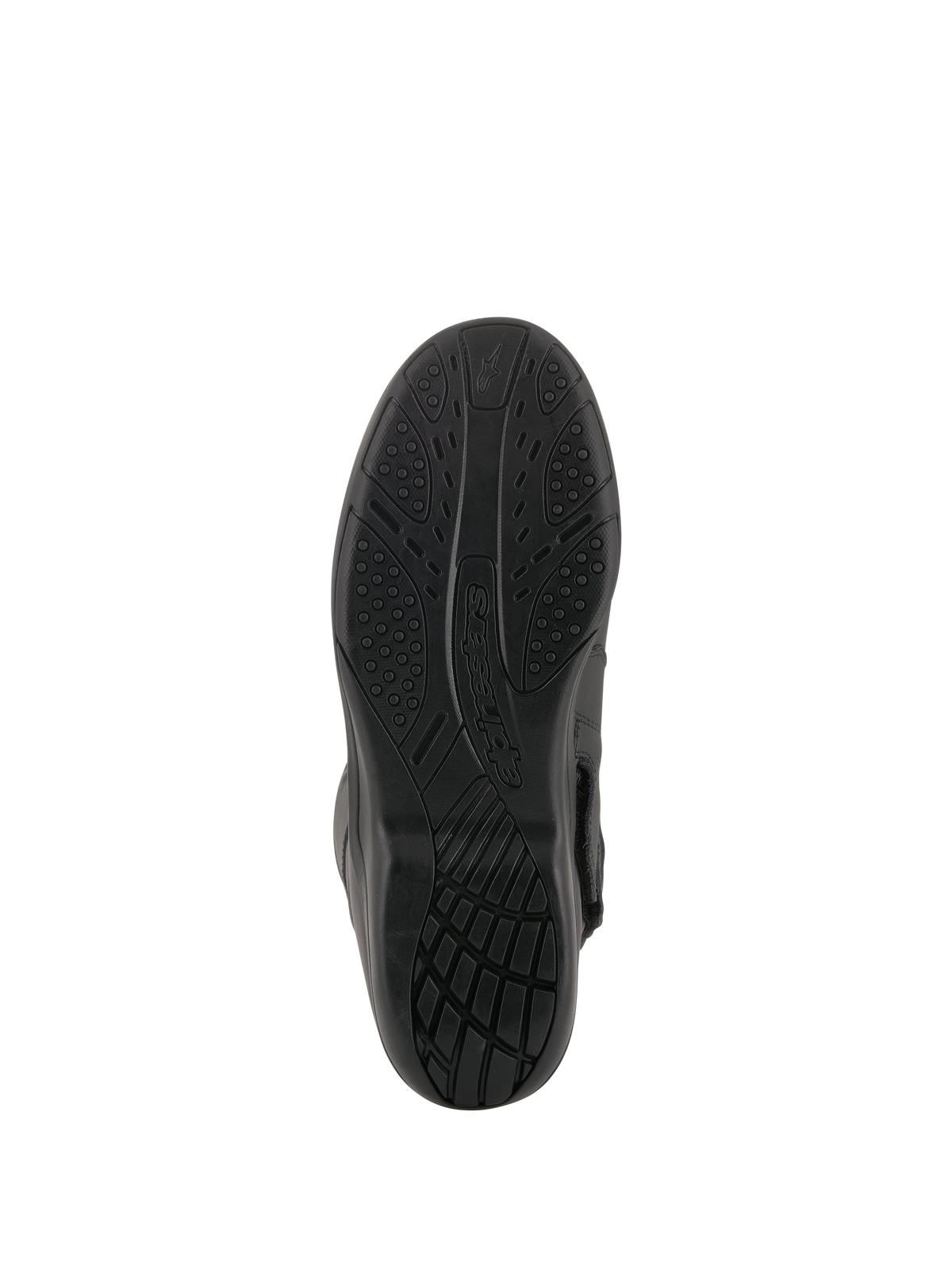 Bottes Alpinestars Andes V2 Drystar®, noir, vue de la semelle en caoutchouc vulcanisé, motif d'adhérence texturé pour la dispersion de l'eau et la durabilité, chaussures de moto de tourisme