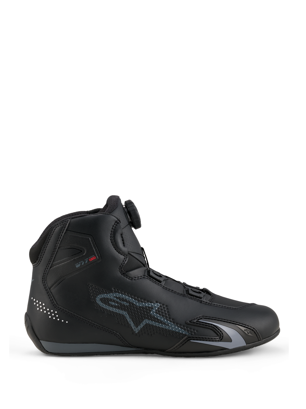 Alpinestars Celer Shoes, Motorcycle Riding Shoes, Black and Dark Gray, side profile view showing the Rotor Closure System dial on the tongue, technical microfiber upper with gray Alpinestars logo, streamlined sport and racing profile