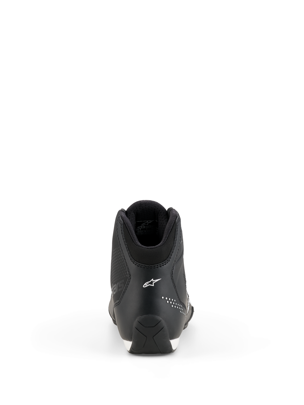 Alpinestars Celer schoenen, motorschoenen, zwart en wit, achteraanzicht van de hielconstructie, wit Alpinestars sterlogo, micro-geperforeerde details en rubberen zool met textuur voor sportieve rijprestaties
