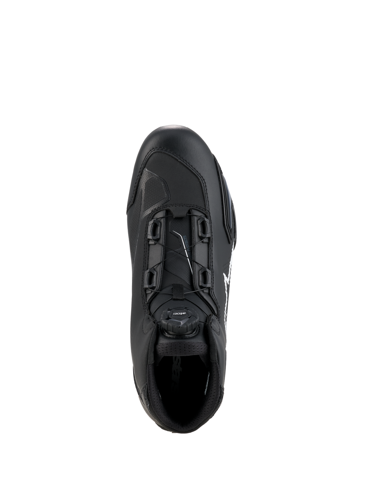 Alpinestars Celer Schoenen, zwart en wit, bovenaanzicht met focus op de draaiknop van het Rotor Sluitingssysteem, technische microvezelconstructie, strak sportief rij-silhouet