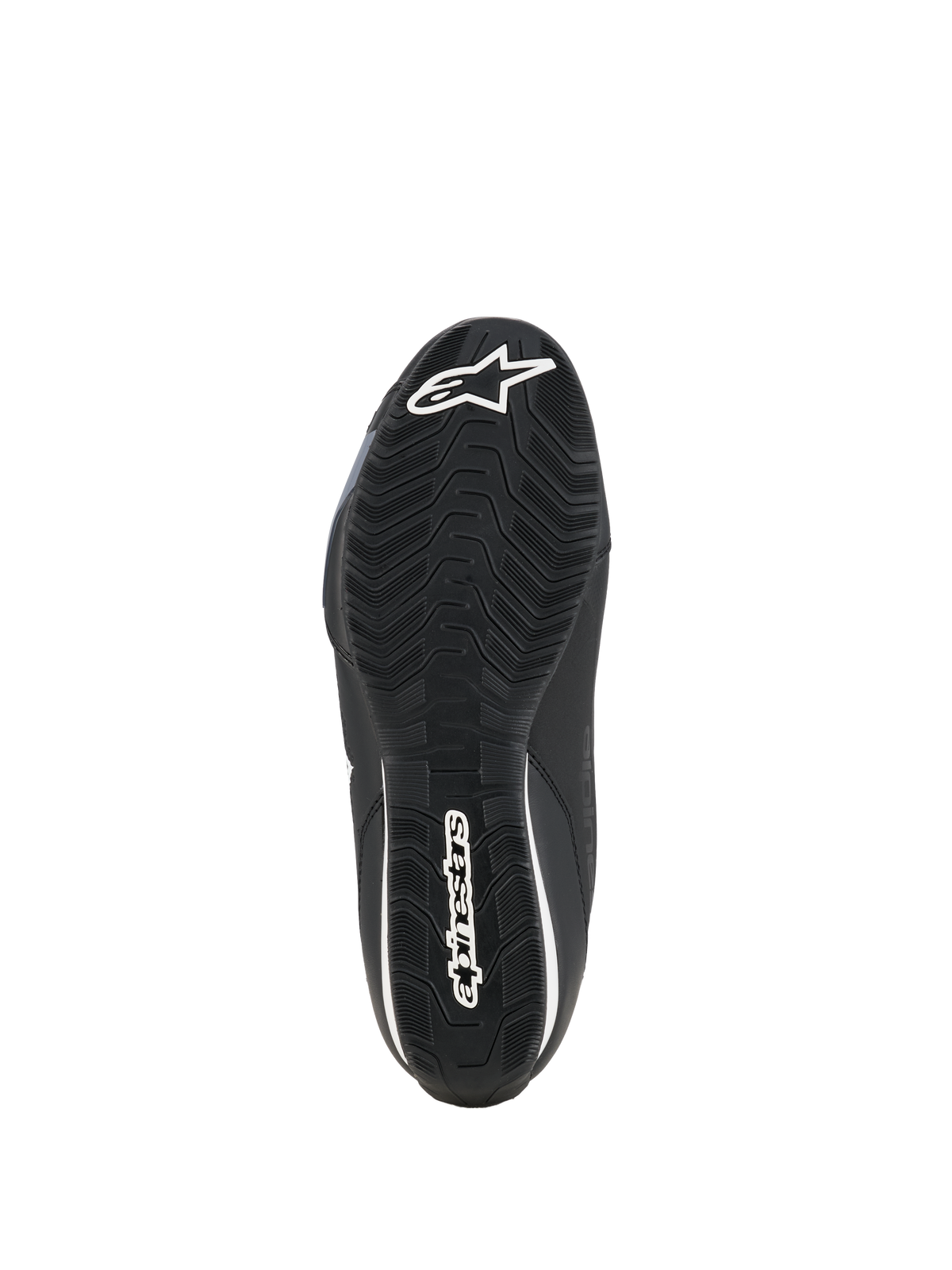 Alpinestars Celer Shoes, motorschoenen, Black White, onderaanzicht van de oliebestendige rubberen zool met een getextureerd grippatroon en witte Alpinestars-branding.