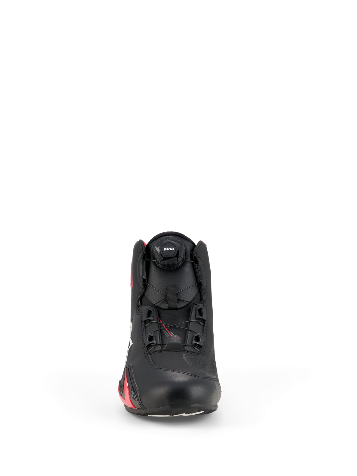 Chaussures Alpinestars Celer, chaussures de moto, noir et rouge vif, vue de face présentant la molette du système de fermeture Rotor, tige en microfibre technique et design épuré inspiré de la course