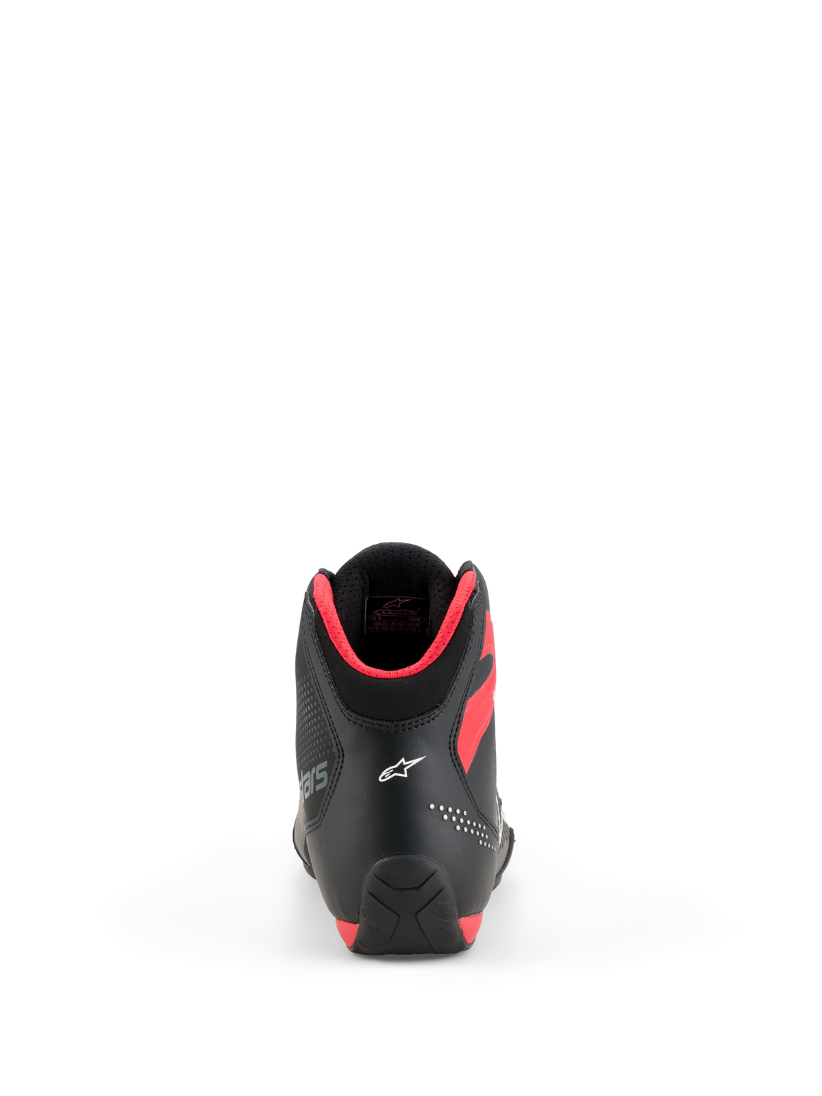 Chaussures Alpinestars Celer, chaussures de moto, noir et rouge vif, vue arrière montrant le logo Astar blanc sur le talon et le rembourrage du col rouge vif, design sportif et performant élégant