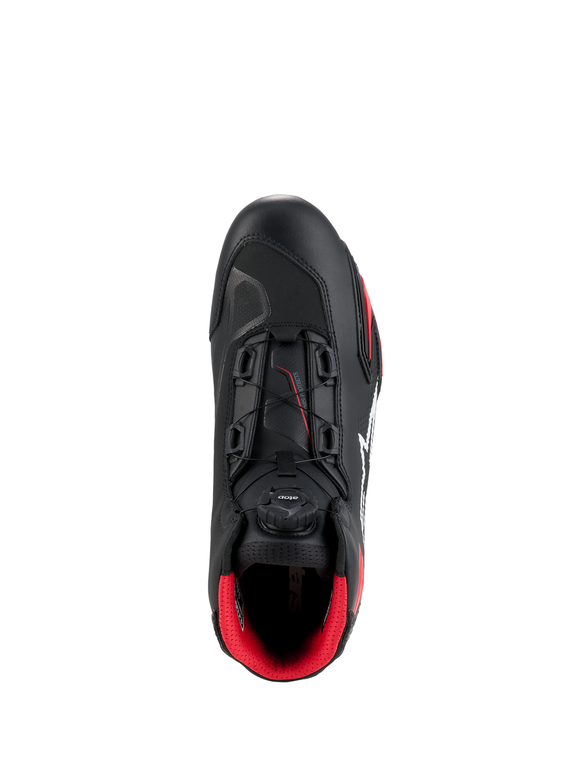 Chaussures Alpinestars Celer, Noir et Rouge Vif, vue de dessus mettant en évidence la molette du système de fermeture Rotor, construction technique en microfibre et doublure intérieure rouge vif, chaussures de moto de sport