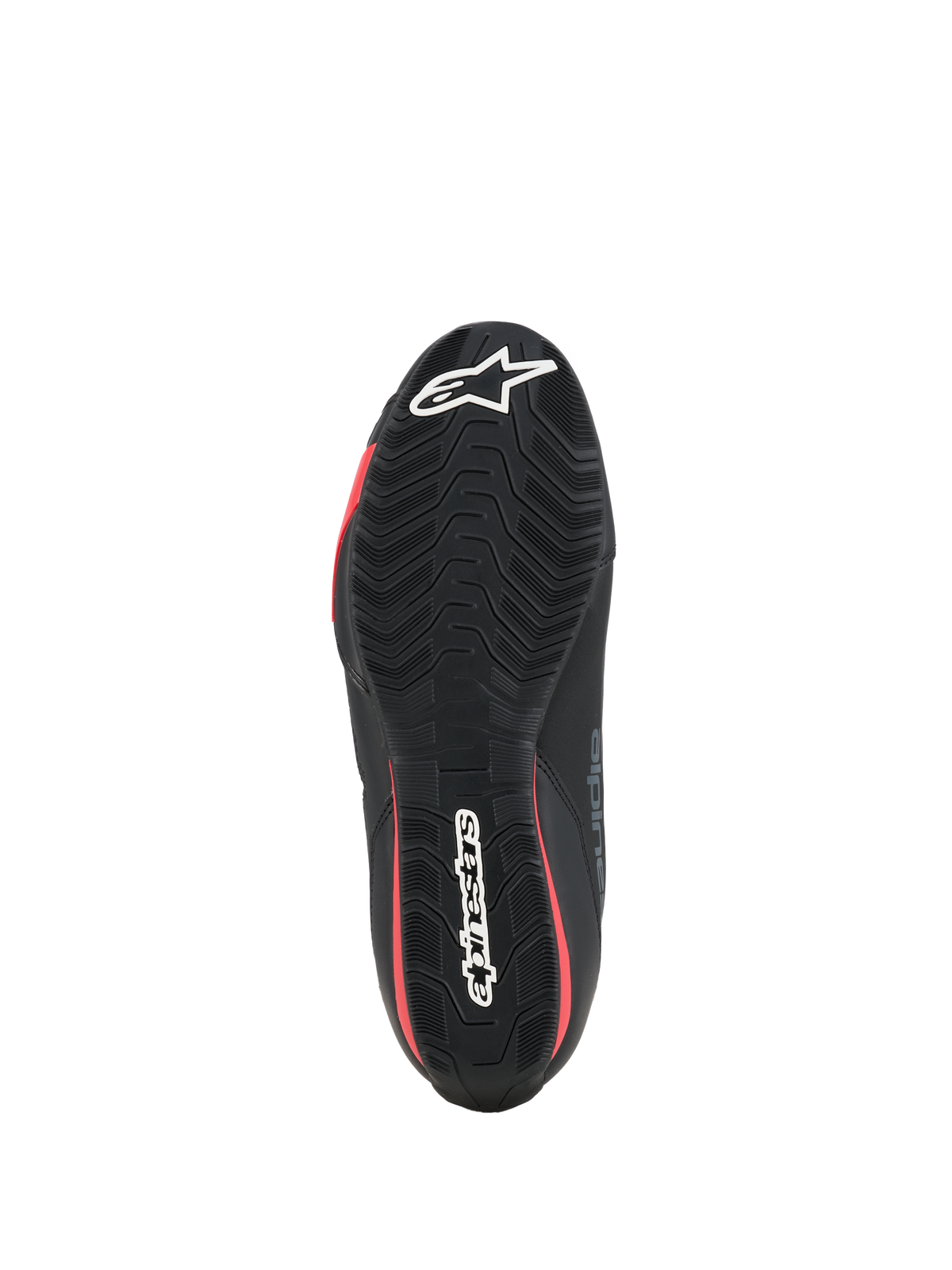 Chaussures Alpinestars Celer, chaussures de moto, noir et rouge vif, vue de dessous montrant la semelle en caoutchouc texturée avec logo Alpinestars blanc et accents rouges.