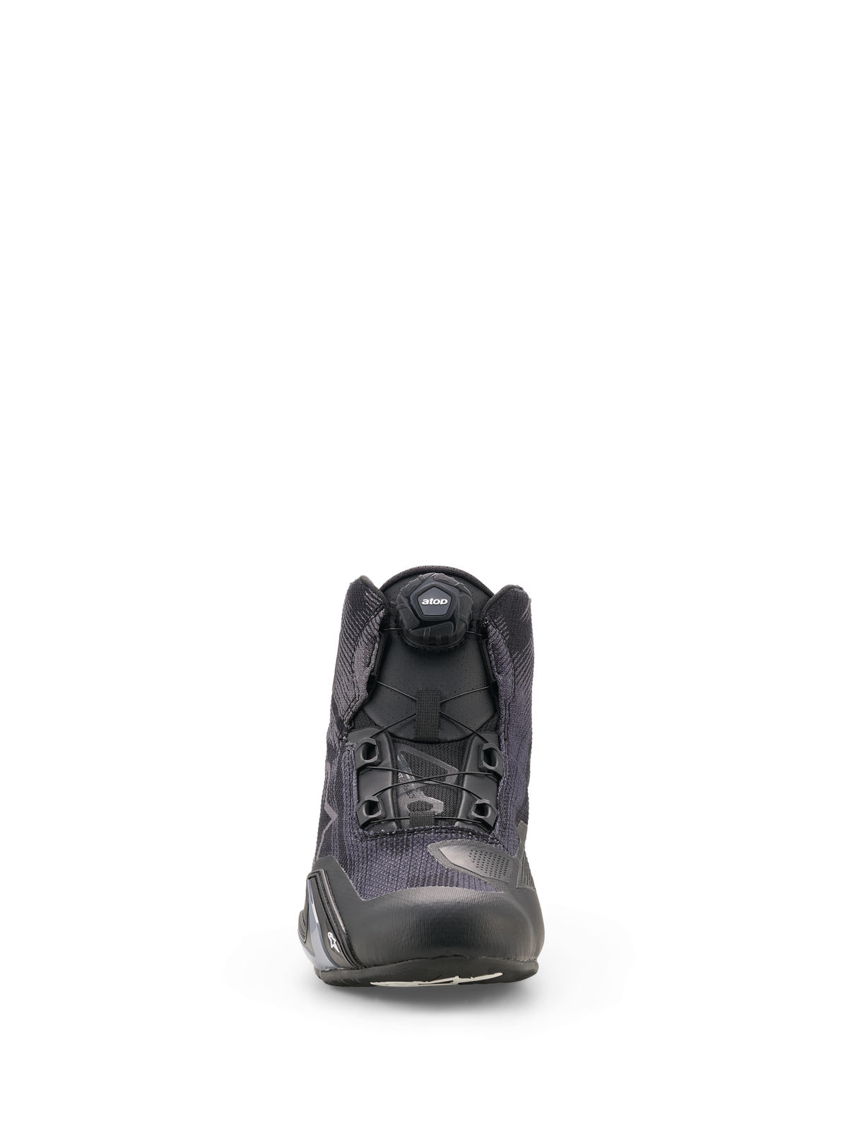 Alpinestars Celer Superair schoenen, motorschoenen, zwart en donkergrijs, vooraanzicht met textielconstructie voor hoge luchtstroom en het geïntegreerde Rotor-sluitingssysteem, gestroomlijnd sportief ontwerp voor sportieve rijders
