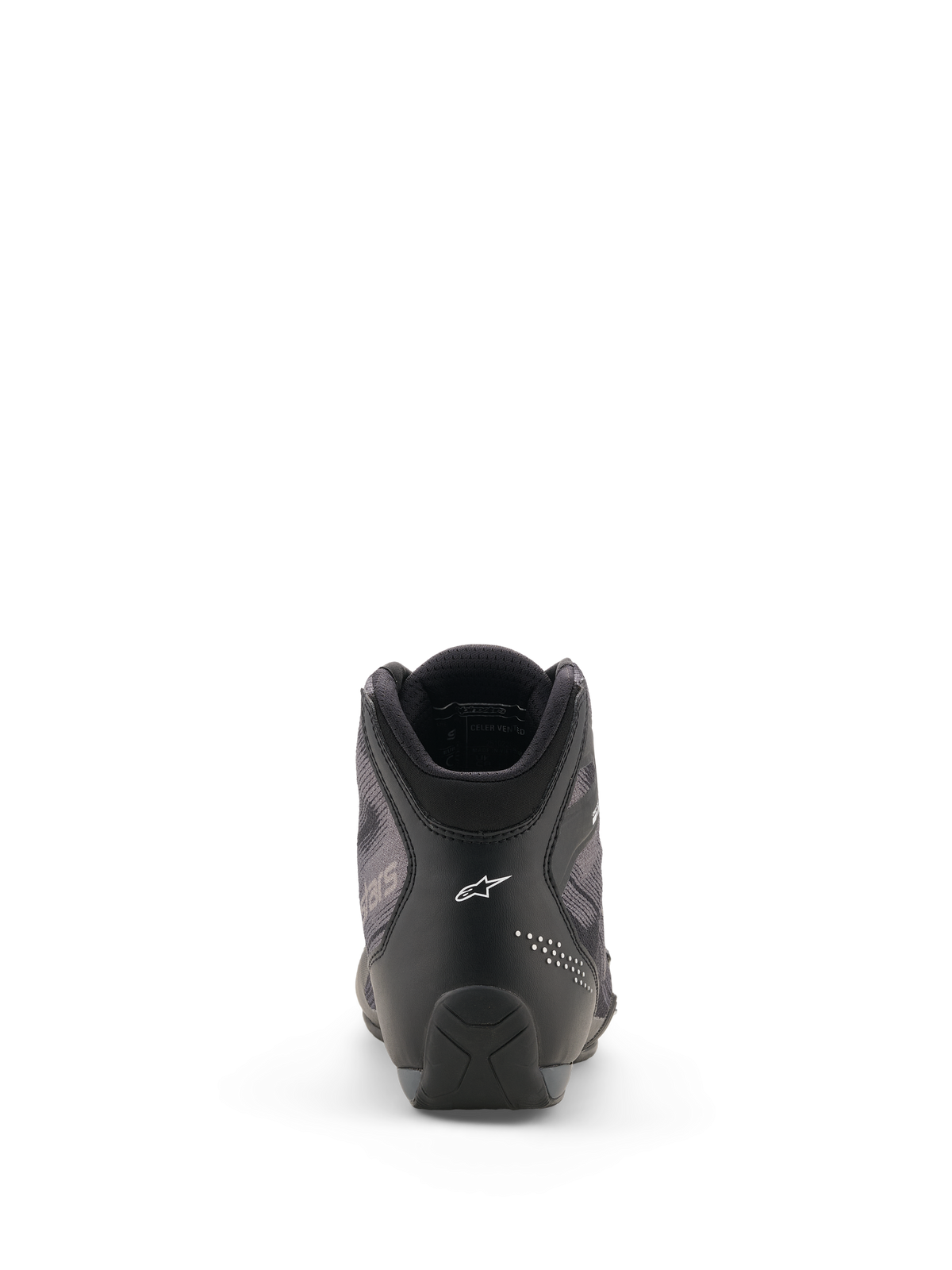 Alpinestars Celer Superair schoenen, motorschoenen, zwart en donkergrijs, achteraanzicht met het witte Alpinestars-logo op de hiel, technische microvezel- en airflow-textielconstructie, strak sportief design