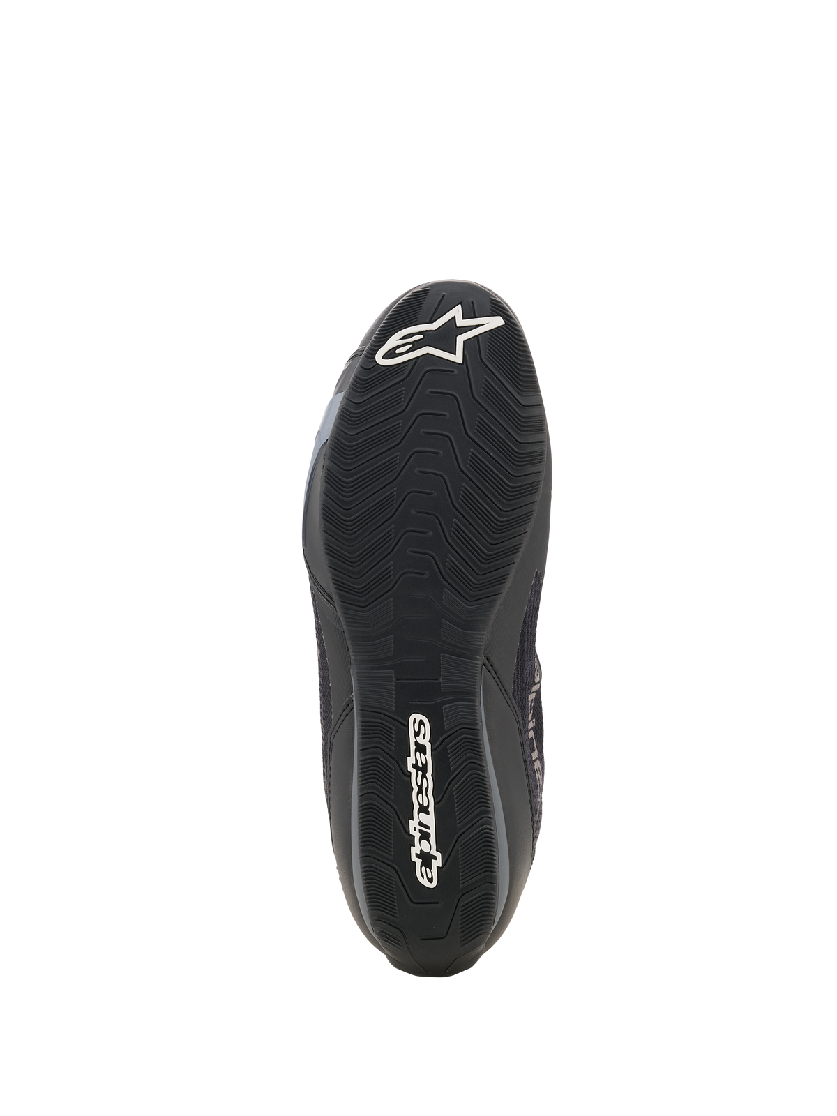 Alpinestars Celer Superair schoenen, motorschoenen, zwart en donkergrijs, onderaanzicht van de getextureerde oliebestendige rubberen buitenzool, met wit Alpinestars sterlogo op de neus en woordmerk op de hiel