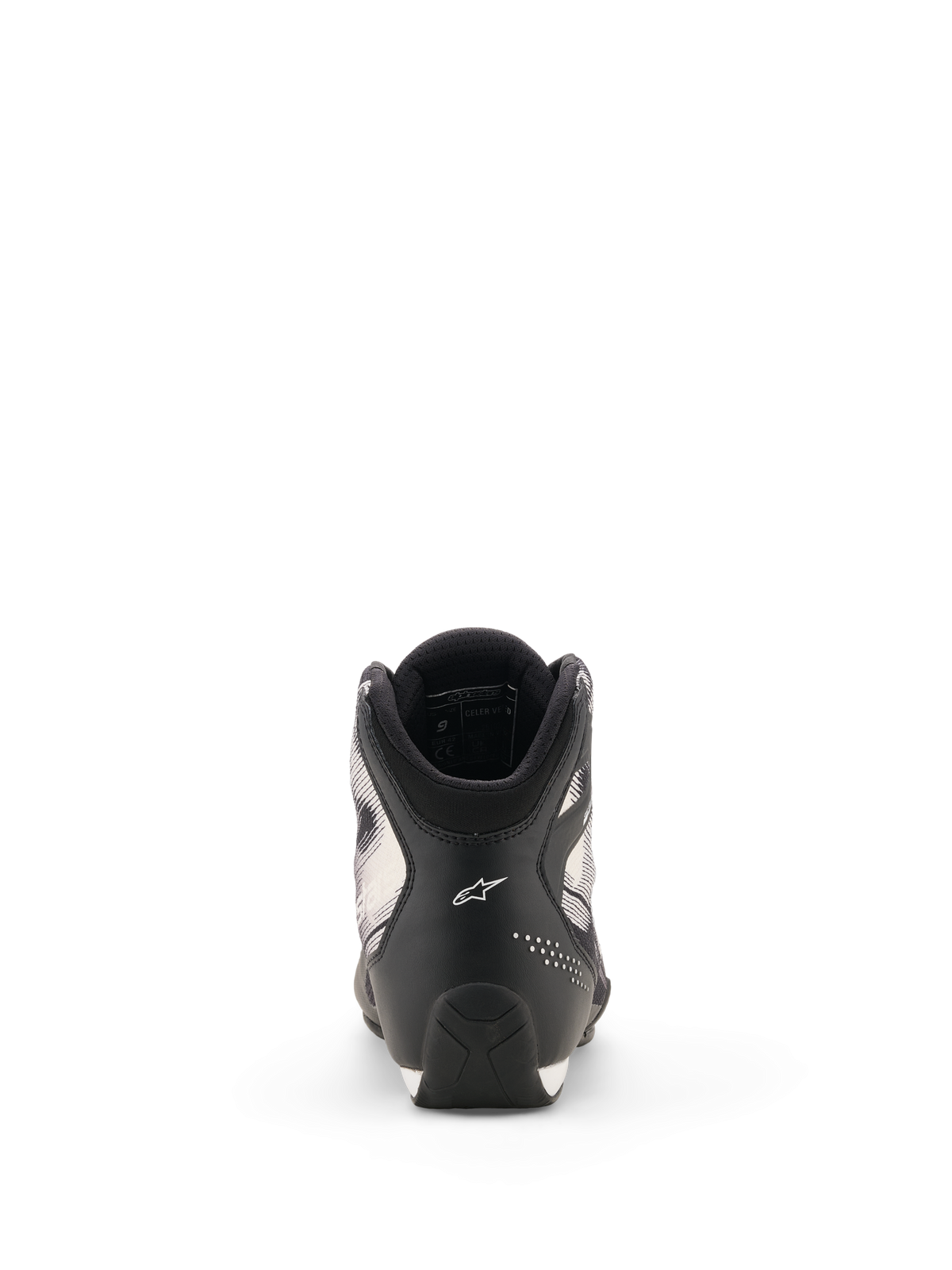 Chaussures Alpinestars Celer Superair, chaussures de moto, noir et blanc, vue arrière montrant le talon avec le logo Astar blanc, des détails perforés et une semelle au design texturé