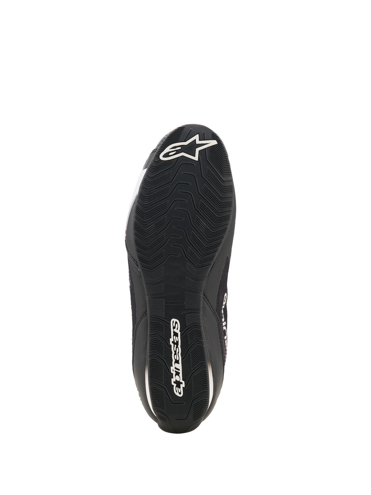 Chaussures Alpinestars Celer Superair, chaussures de moto, noir et blanc, vue de dessous montrant la semelle extérieure en caoutchouc résistant à l'huile avec motif de bande de roulement texturé, logo Alpinestars blanc sur le talon et nom de la marque au centre pour l'adhérence et la performance