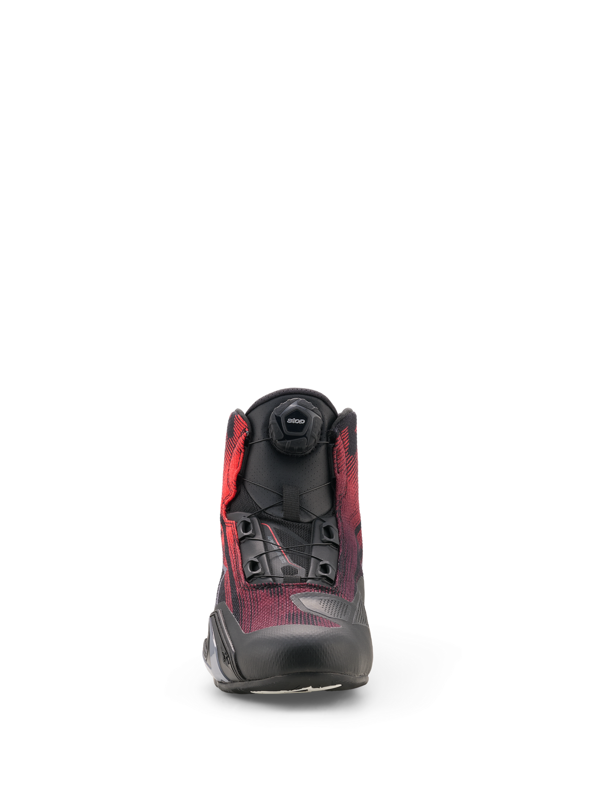 Alpinestars Celer Superair Schuhe, Motorradschuhe, Schwarz und leuchtendes Rot, Vorderansicht mit dem Rotor-Verschlusssystem-Drehrad und atmungsaktivem Luftstrom-Textil-Obermaterial mit schützenden Verstärkungen