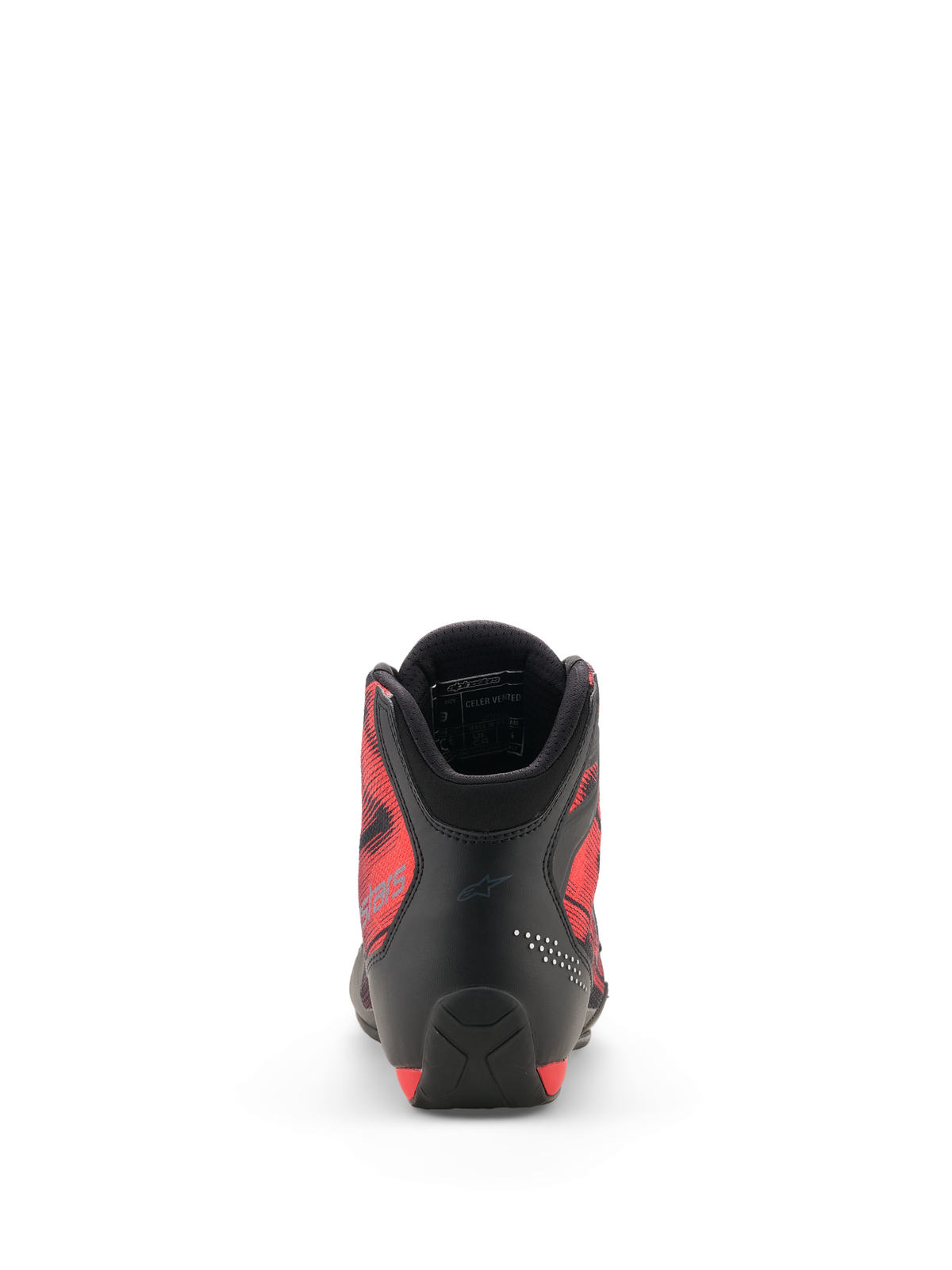Alpinestars Celer Superair Schuhe, Rückansicht, Schwarz und leuchtendes Rot, mit verstärkter Mikrofaser-Ferse, atmungsaktiven roten Luftstrom-Textil-Seitenpaneelen mit Grafikdesign und gepolstertem Kragen mit 3D-Mesh-Futter, Sport-Motorradschuhe