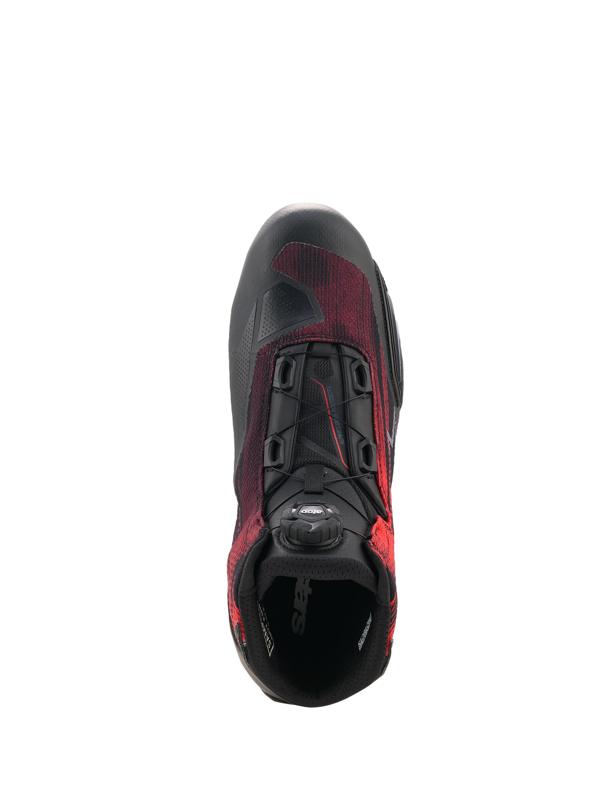 Alpinestars Celer Superair Schuhe, Motorradschuhe, Schwarz und leuchtendes Rot, Draufsicht mit Fokus auf das Rotor-Verschlusssystem, atmungsaktives Airflow-Textil und verstärkte Konstruktion für sportliches Fahren.