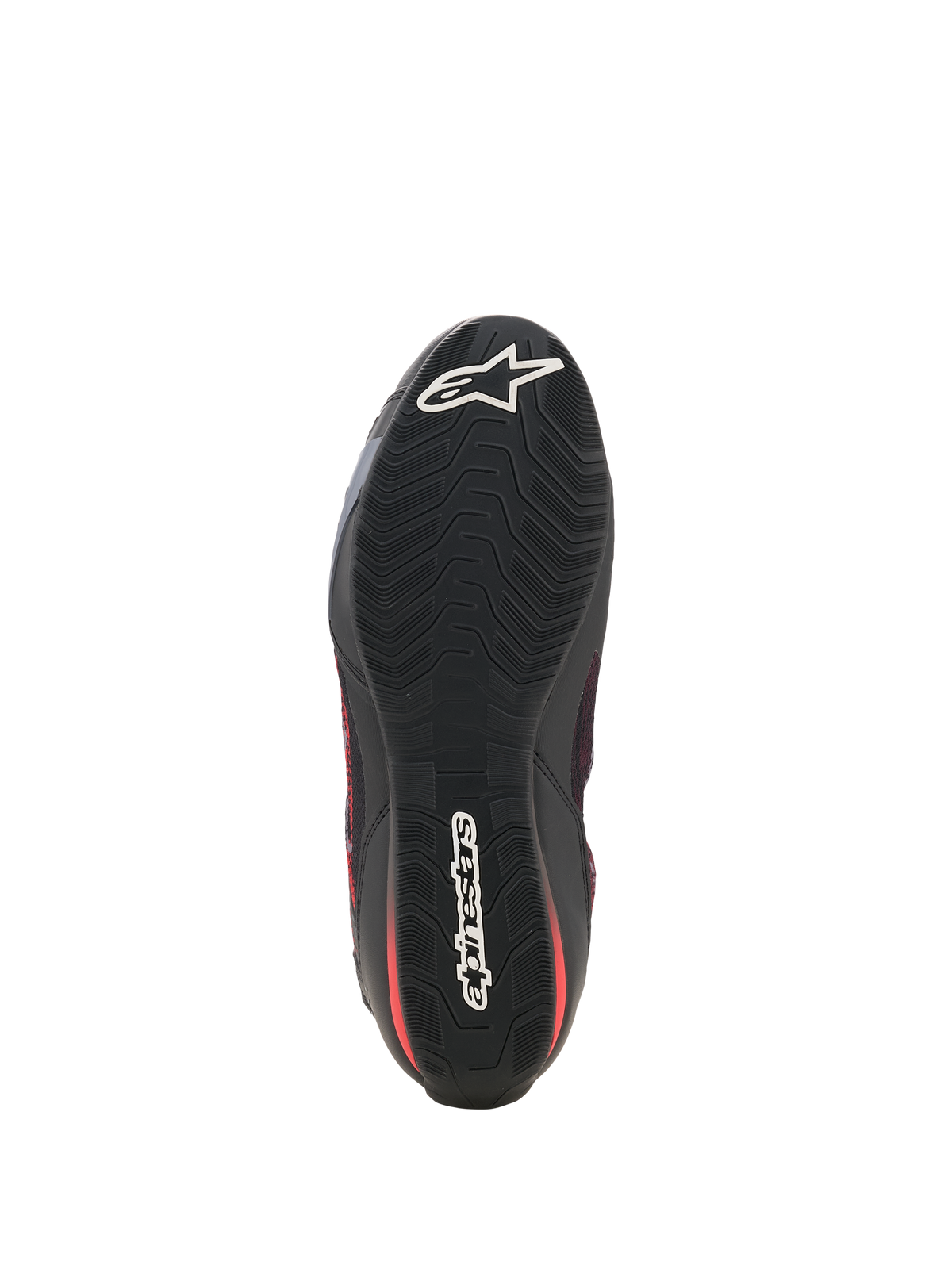 Alpinestars Celer Superair Schuhe, Motorradschuhe, Schwarz und Bright Red, Unteransicht mit der schwarzen ölbeständigen Gummilaufsohle, texturiertem wellenförmigem Profilmuster und weißem Alpinestars-Branding an Zehen und Ferse.