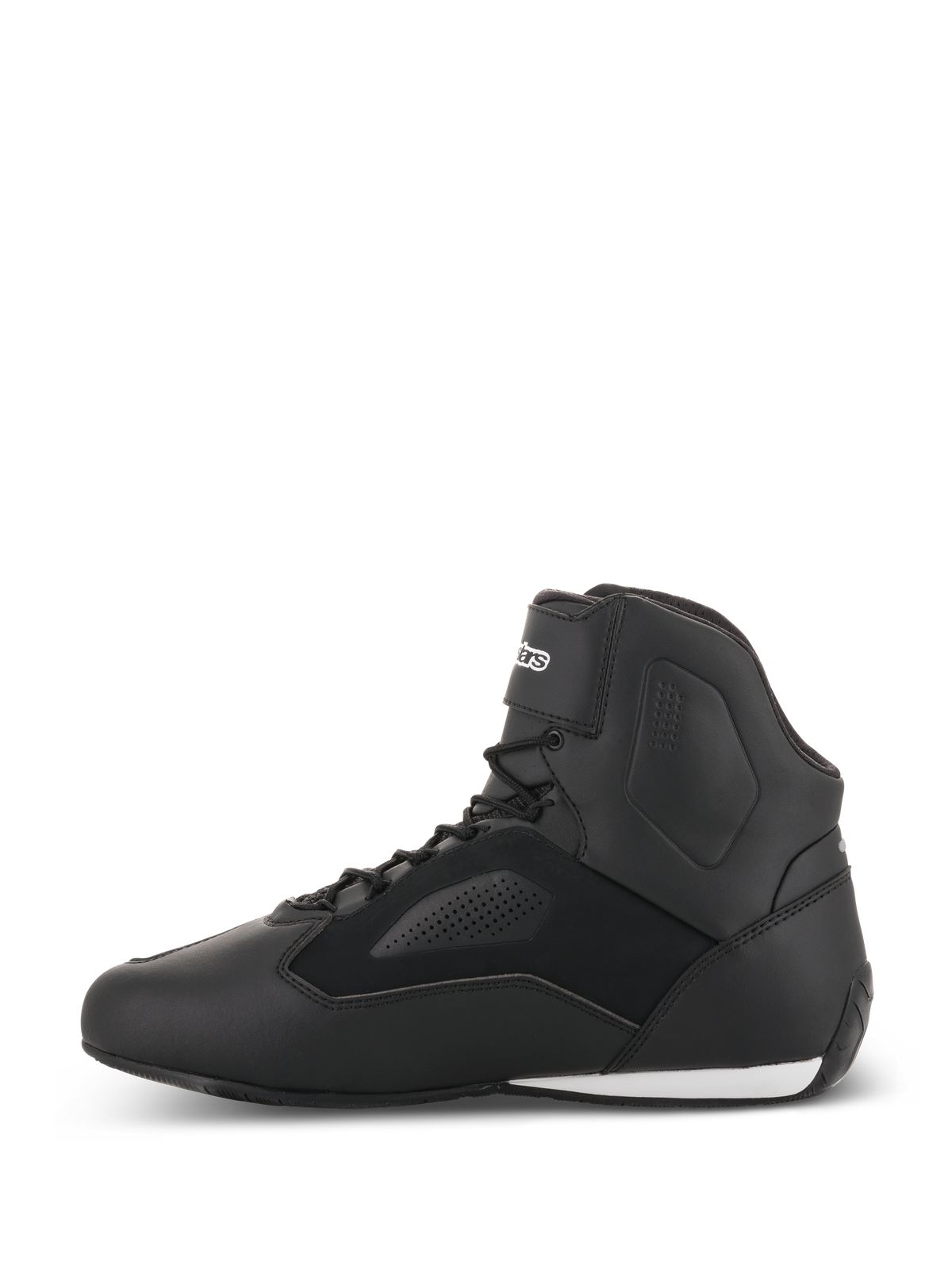 Chaussures Alpinestars Faster-3 Rideknit®, chaussures de moto, noir, vue de profil, tige en microfibre légère avec panneaux perforés, fermeture à lacets avec sangle de cheville sécurisée, design de course sur route épuré