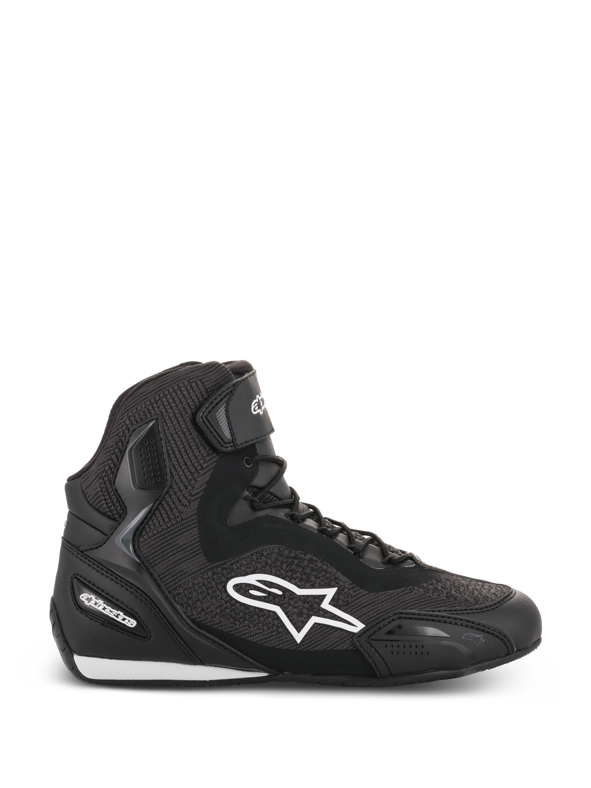 Alpinestars Faster-3 Rideknit® Shoes, chaussures de moto montantes noires, logo étoile blanc, construction en maille texturée et mesh, fermeture à lacets avec sangle à la cheville, talon et pointe renforcés, semelle profilée basse avec accents blancs