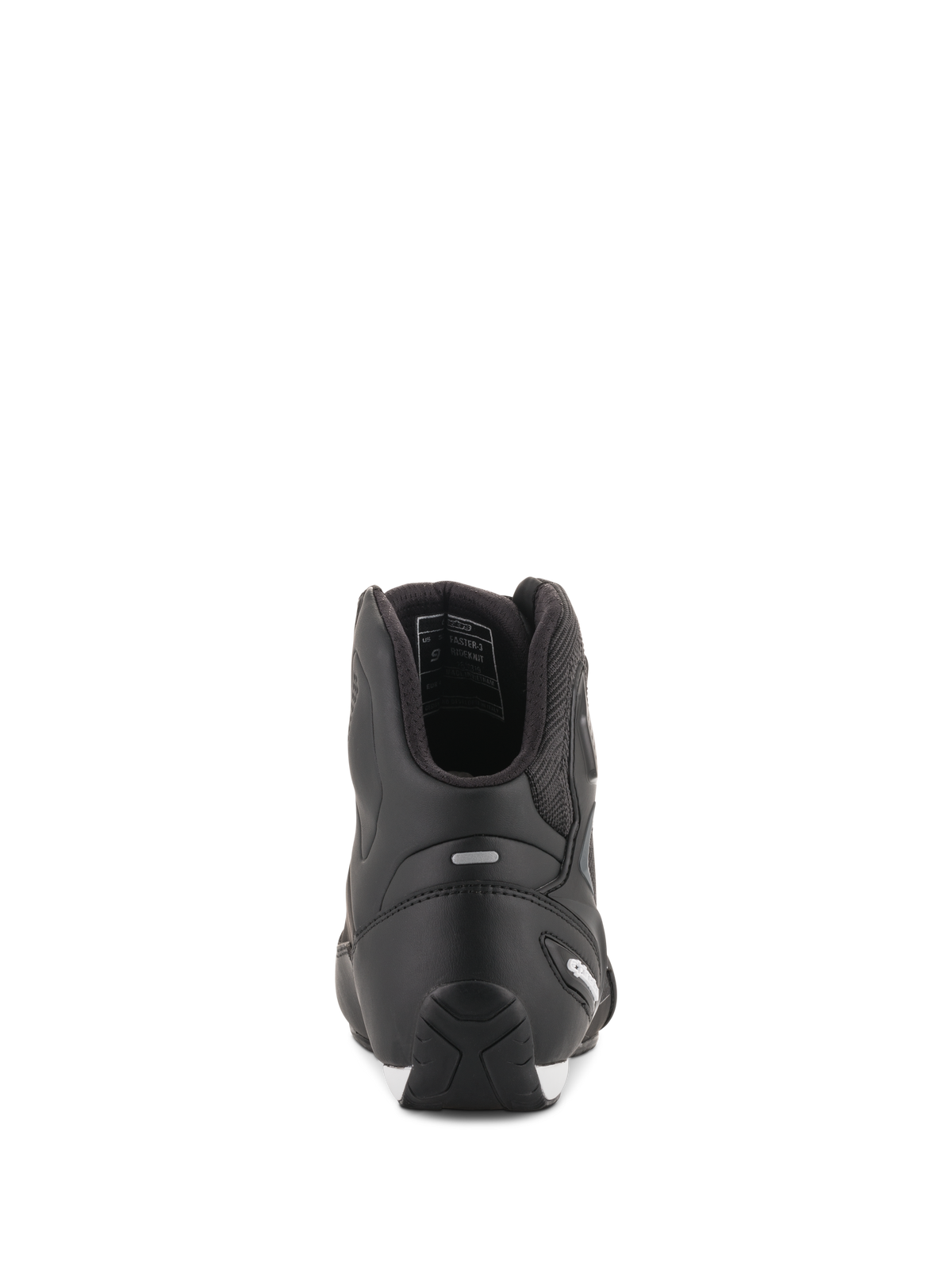 Chaussures Alpinestars Faster-3 Rideknit®, chaussures de moto noires, vue arrière montrant le contrefort de talon en TPR et la construction en microfibre, chaussures de course sur route élégantes et protectrices