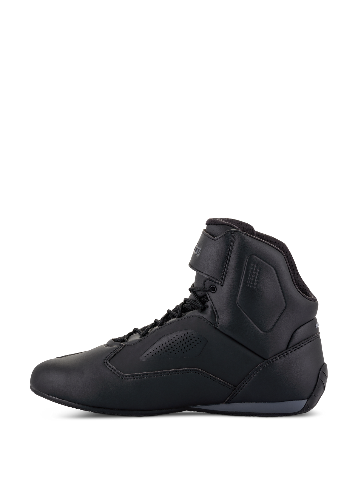 Chaussures Alpinestars Faster-3 Rideknit®, chaussures de moto, noir, vue de profil, tige en microfibre avec panneaux de ventilation perforés, fermeture à lacets avec sangle de cheville auto-agrippante, design sportif inspiré de la course sur route