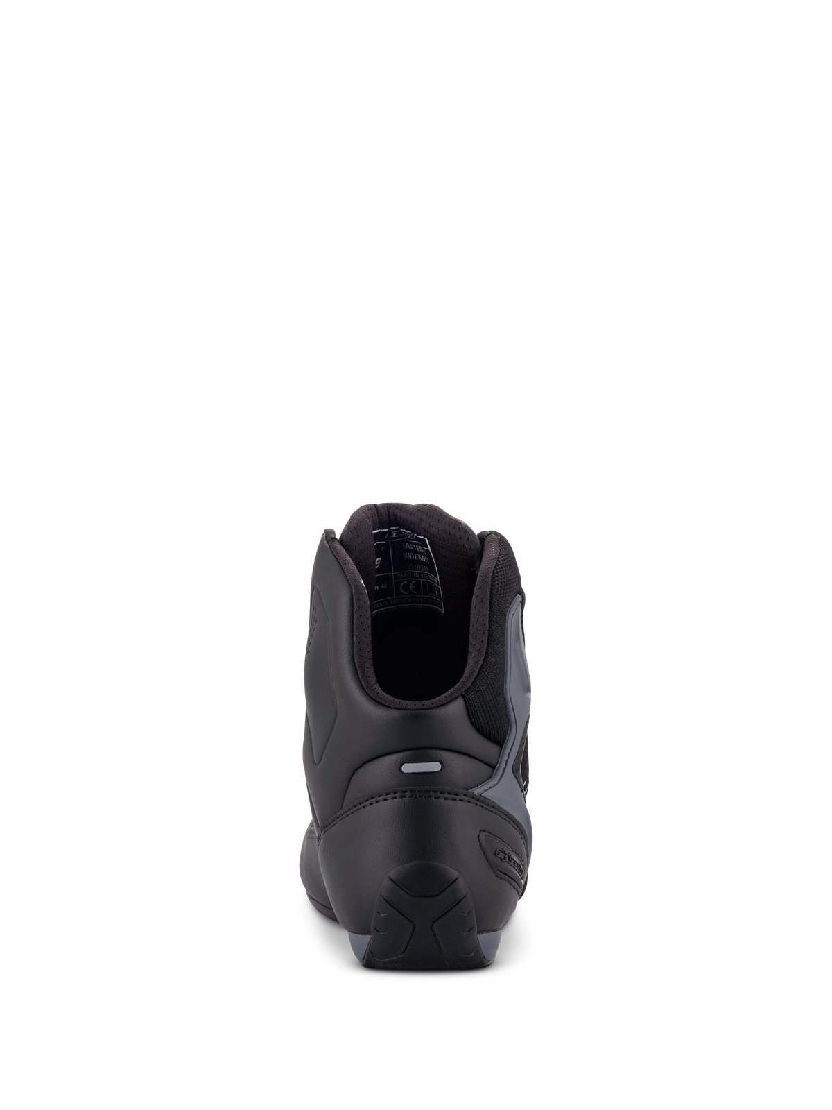 Chaussures Alpinestars Faster-3 Rideknit®, chaussures de moto, noir, gris et rouge vif, vue arrière montrant le contrefort de talon en TPR et le col rembourré, construction élégante en microfibre et textile