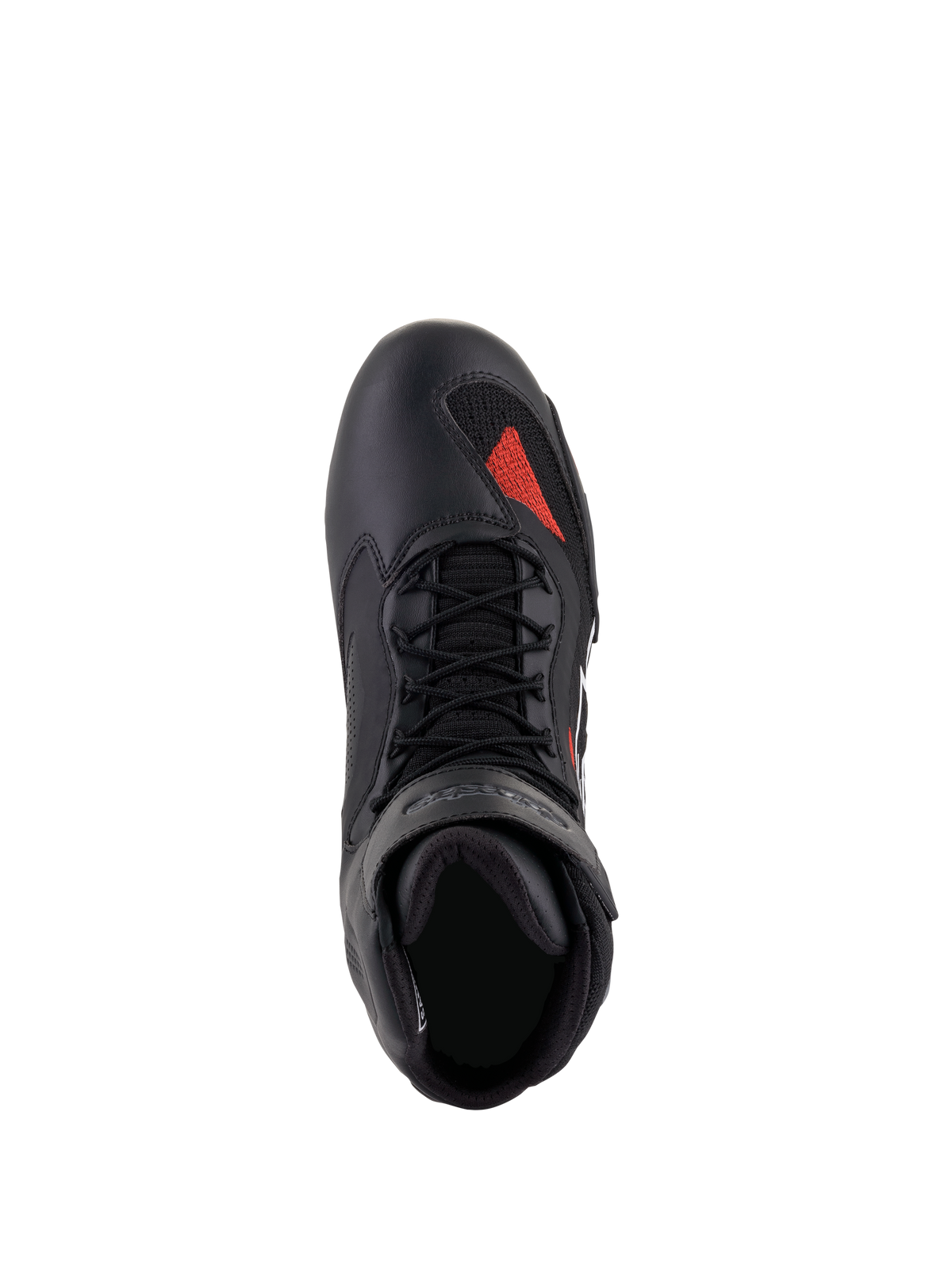 Chaussures Alpinestars Faster-3 Rideknit®, Noir Gris Rouge Vif, vue de dessus, avec châssis en microfibre noire, accent en maille rouge sur la pointe, lacets noirs et col rembourré, chaussures de moto techniques
