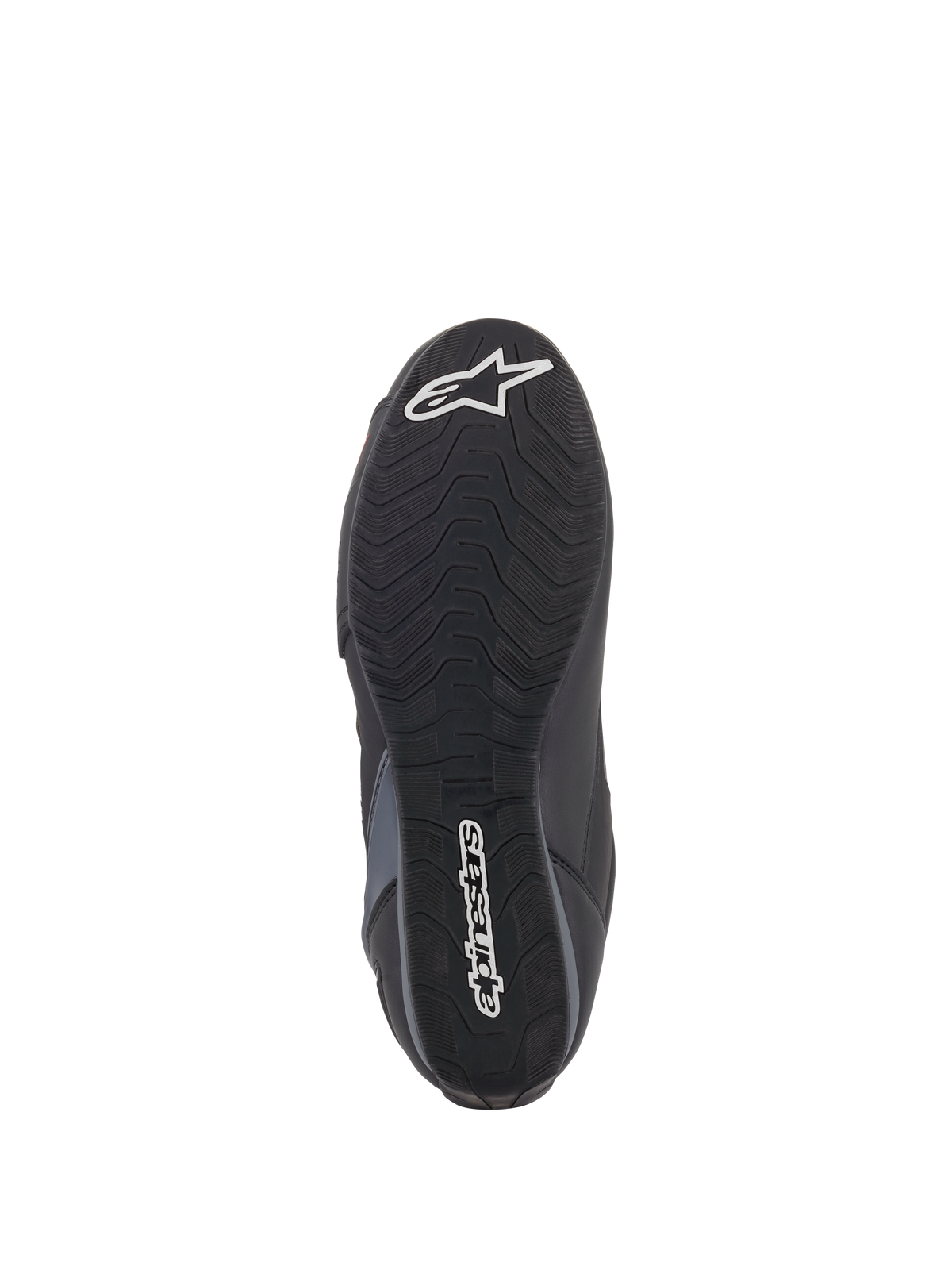 Chaussures Alpinestars Faster-3 Rideknit®, vue de la semelle, semelle extérieure en caoutchouc noir avec motif d'adhérence ondulé, avec texte Alpinestars et logo étoilé blancs, détails d'adhérence pour la conduite à moto