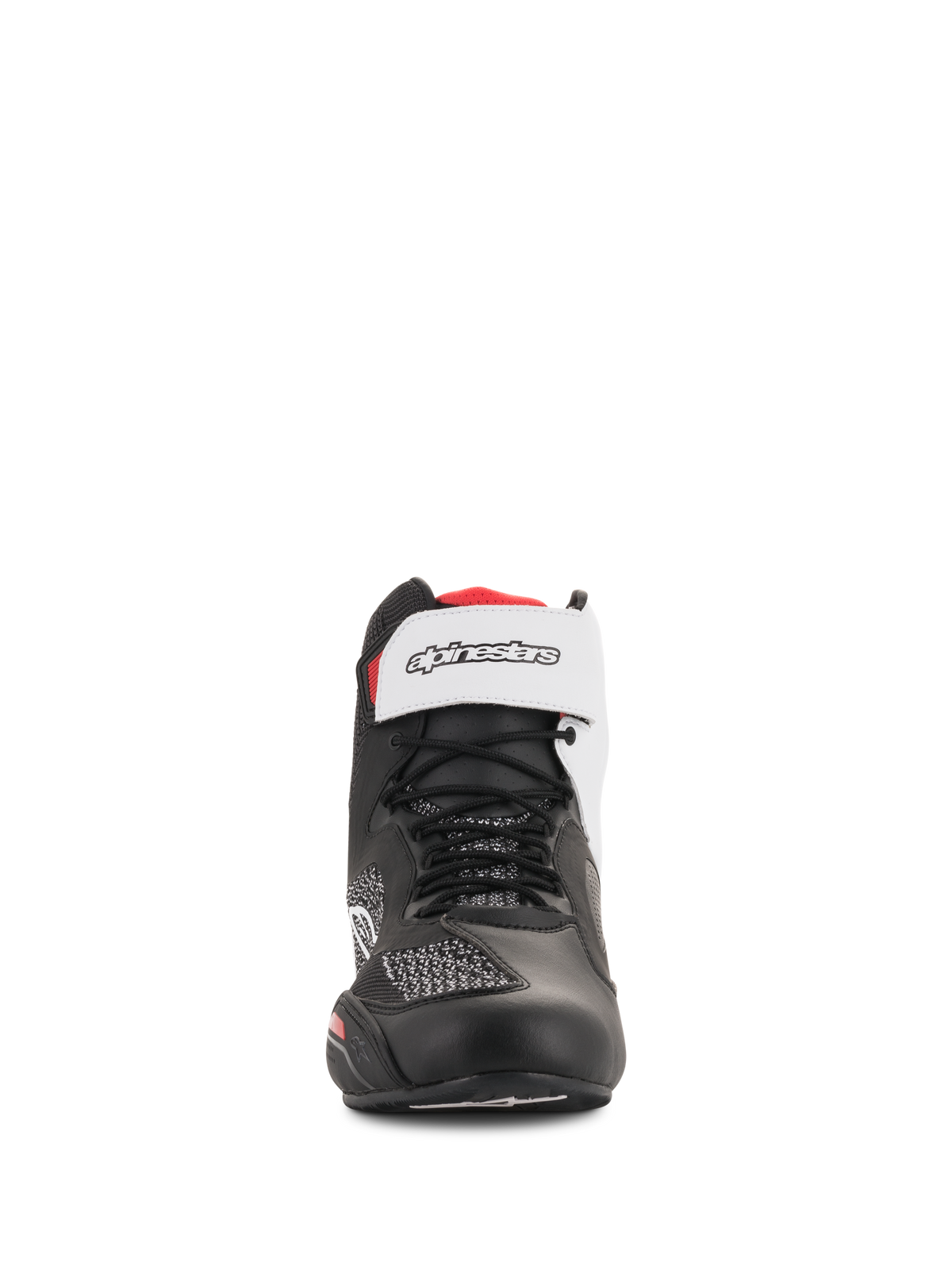 Chaussures Alpinestars Faster-3 Rideknit®, noir, blanc et rouge, vue de face, avec lacets noirs et sangle de cheville auto-agrippante blanche avec logo, tige en maille respirante et microfibre, chaussures de moto haute performance