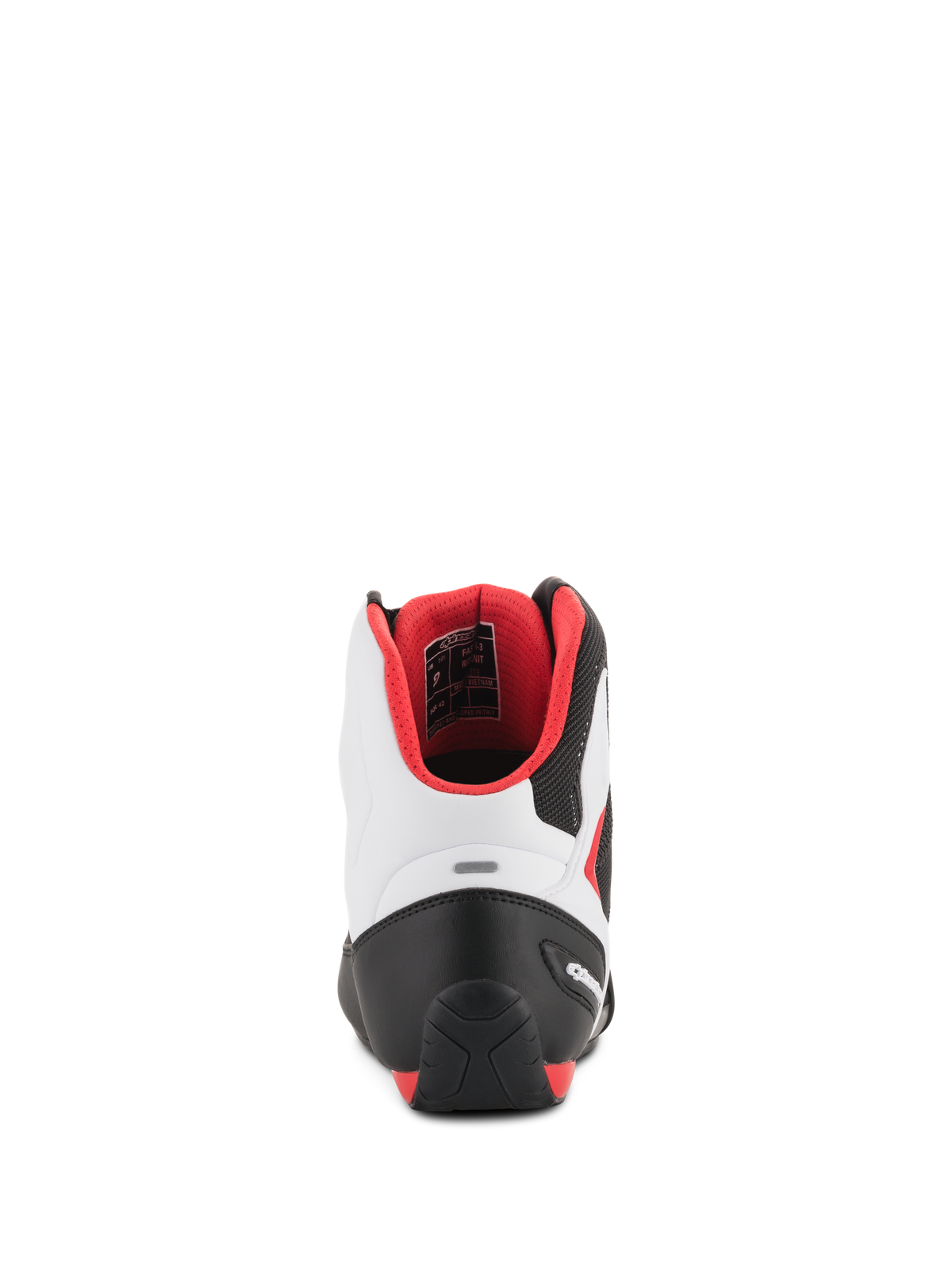 Chaussures Alpinestars Faster-3 Rideknit®, chaussures de moto, noir, blanc et rouge, vue arrière montrant le contrefort de talon en TPR et la doublure intérieure en maille rouge, design sportif de course sur route avec un châssis en microfibre