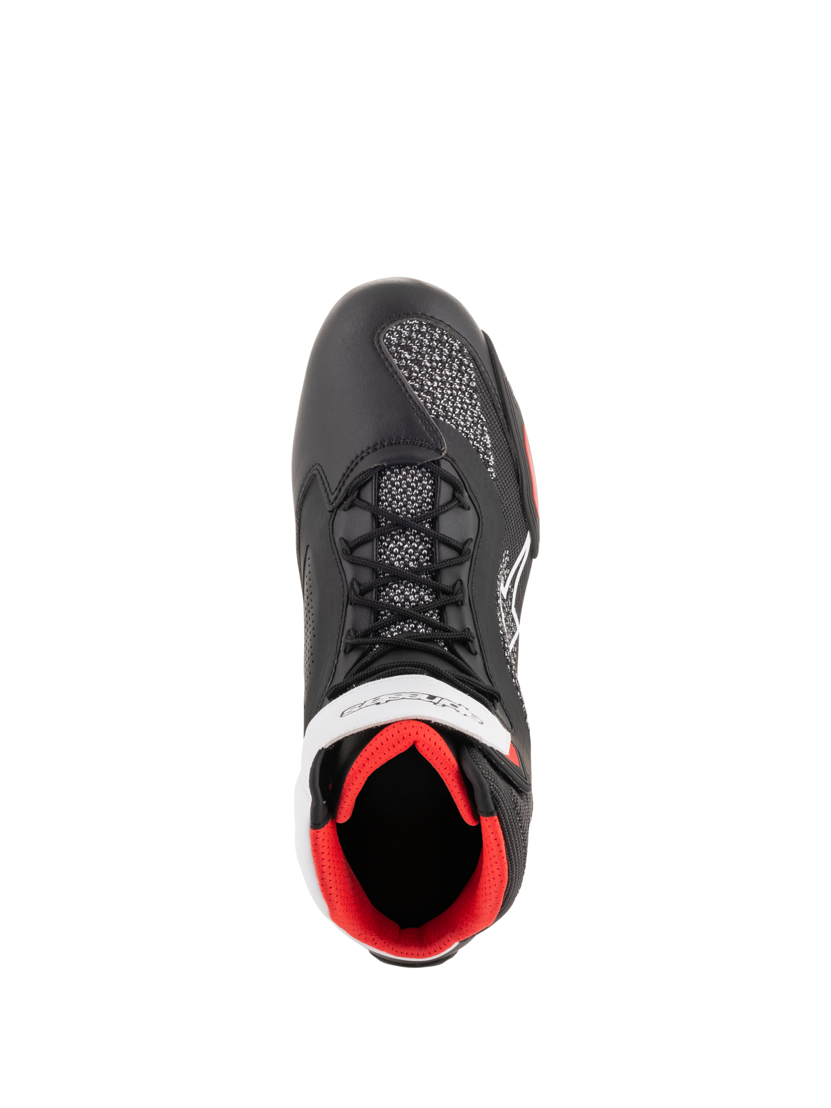 Chaussures Alpinestars Faster-3 Rideknit®, chaussures de moto, noir, blanc et rouge, vue de dessus avec construction en microfibre noire, panneaux en maille tricotée respirante, logo Alpinestars blanc et doublure intérieure rouge vif