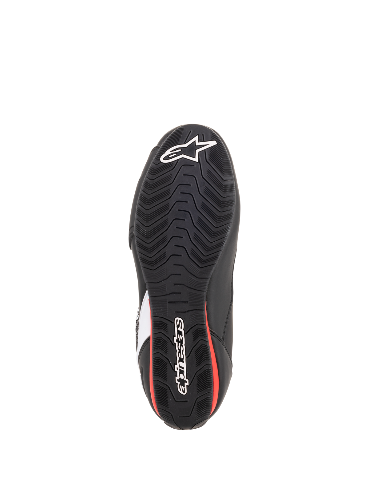 Alpinestars Faster-3 Rideknit®, vue de dessous de la semelle, noir et rouge, semelle extérieure en caoutchouc texturé avec logos étoile et lettrage Alpinestars blancs, chaussures de moto pour la route