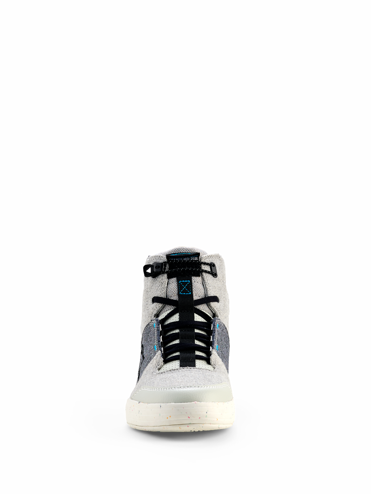 Alpinestars Circal rijschoenen, grijs, zwart en methylblauw, vooraanzicht van stedelijke motorschoenen met een high-top ontwerp met canvas panelen, zwarte elastische veters en een gespikkelde off-white zool