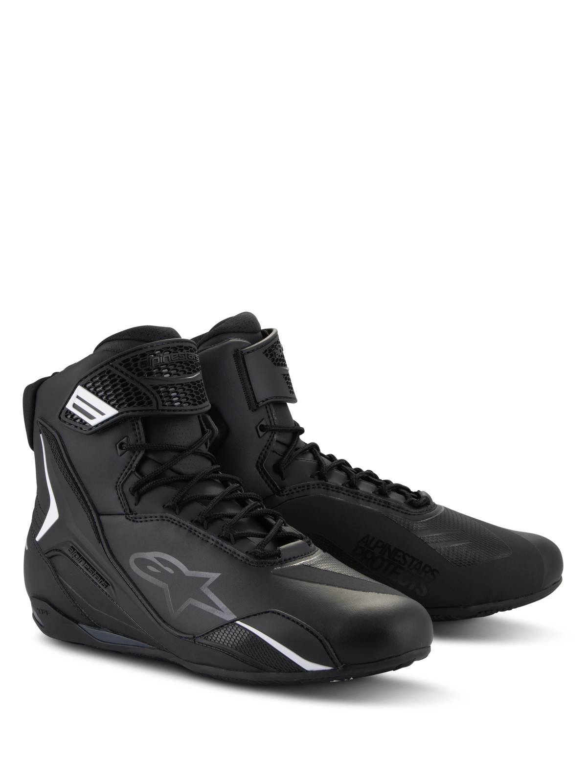 Chaussures Alpinestars Faster-4, chaussures de moto, noir, design montant avec fermeture à lacets et sangle à boucle et crochet, dotées de logos blancs et gris, construction en microfibre épurée pour la conduite sur route