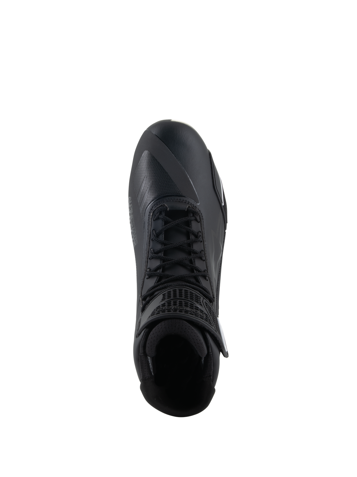Chaussures Alpinestars Faster-4, chaussures de moto noires, vue de dessus, avec fermeture à lacets traditionnelle, tige en microfibre sans couture et col de cheville rembourré