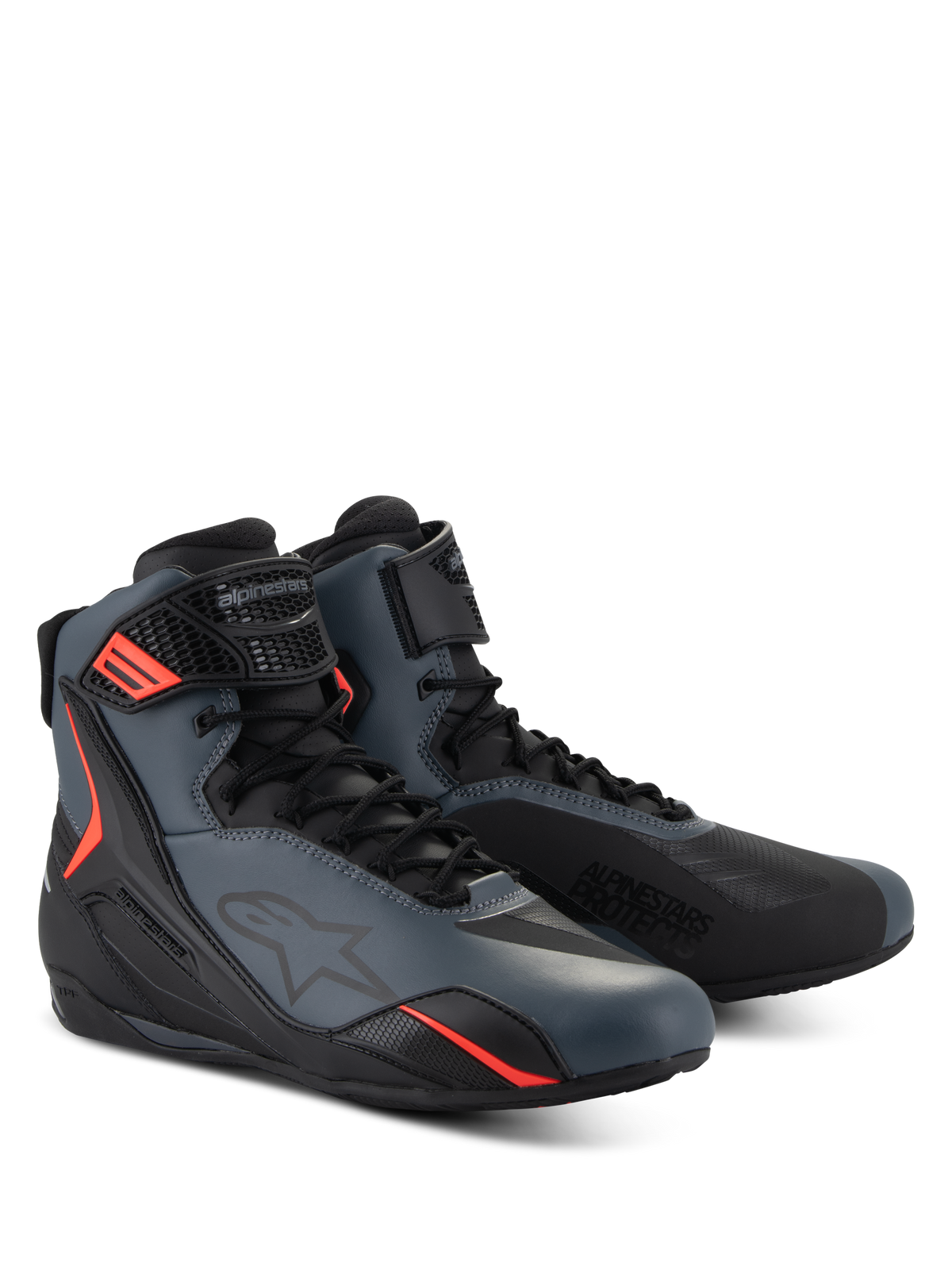 Alpinestars Faster-4 schoenen, motorschoenen, zwart, grijs en fluo rood, naadloos bovenwerk van microvezel met beschermende TPU-panelen, vetersluiting met klittenbandsluiting, sportief aerodynamisch profiel voor op de weg