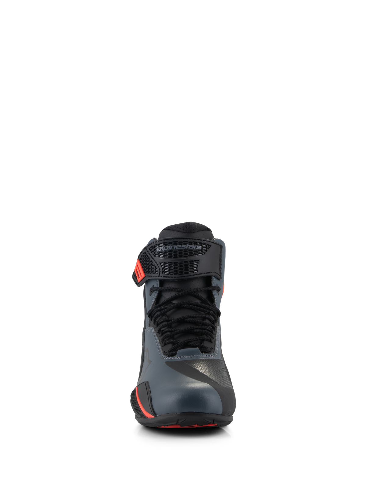 Alpinestars Faster-4 schoenen, motorschoenen, zwart, grijs en fluo rood, vooraanzicht met naadloos bovenwerk van microvezel, traditionele veters en verstelbare enkelband met Alpinestars-logo