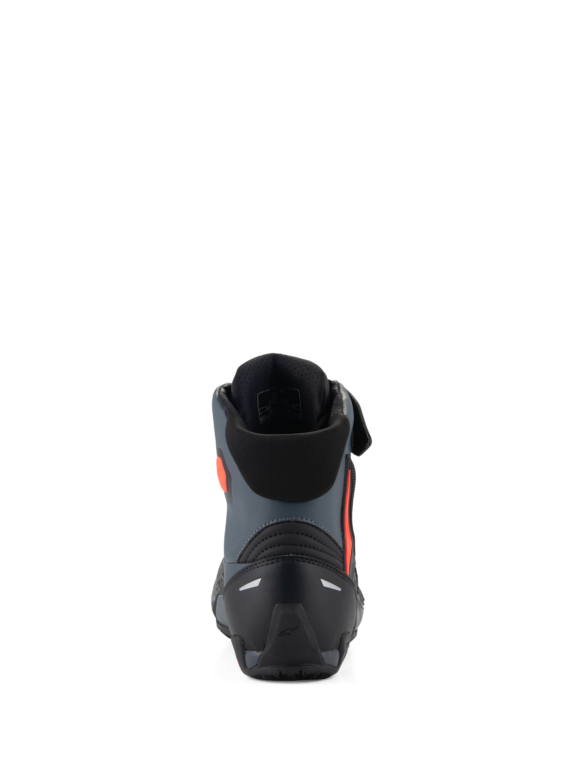 Alpinestars Faster-4 Schoenen, motorschoenen, zwart grijs en fluo rood, achteraanzicht met de versterkte hielkap, enkelondersteuning en een strak sportief ontwerp.