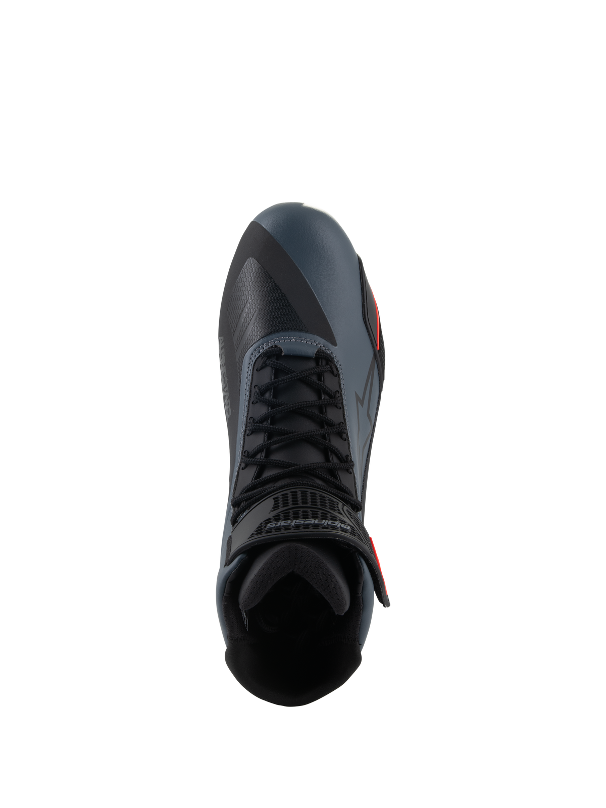 Alpinestars Faster-4 schoenen, motorschoenen, zwart grijs en fluo rood, bovenaanzicht met de vetersluiting en enkelband, bovenwerk van technische microvezel met naadloze panelen, sportief ontwerp voor prestatiegericht rijden op de weg