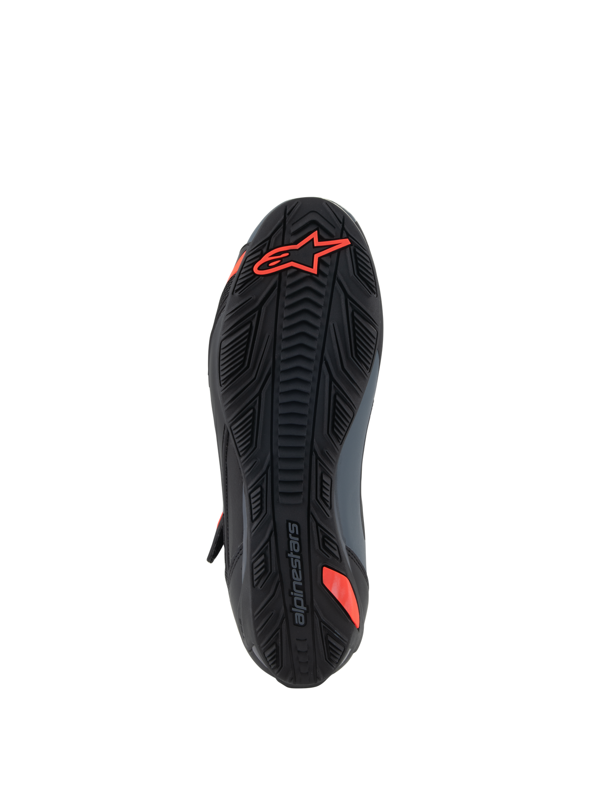 Alpinestars Faster-4 schoenen, motorrijschoenen, zwart en fluo rood, onderaanzicht met getextureerde rubberen zool met rood Astars-logo en merkreliëf, ontworpen voor grip en duurzaamheid