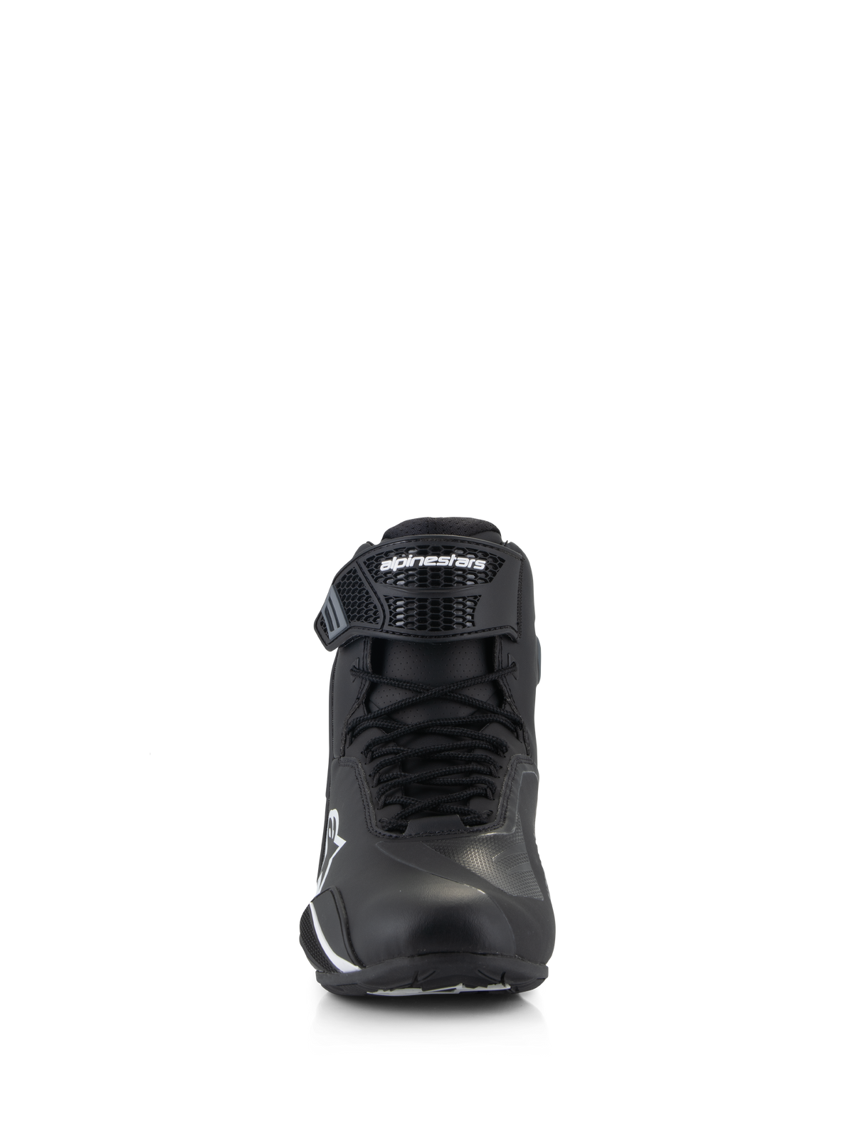Alpinestars Faster-4 Shoes, Motorcycle Riding Shoes, Black and White, front-facing view showing lace closure and adjustable TPR ankle strap with Alpinestars logo, sleek and protective design for road riding