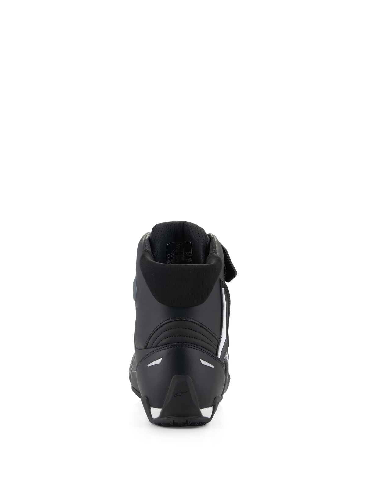 Alpinestars Faster-4 Shoes, Motorcycle Riding Shoes, Black, Rear view featuring a TPR heel counter, soft textile collar, and white accents on the heel and sole, performance-driven protective footwear