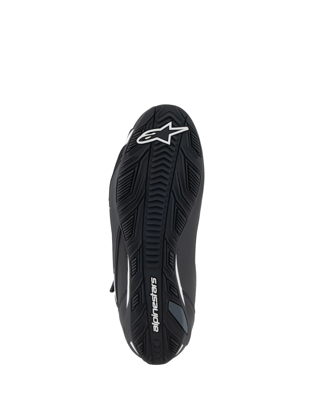 Alpinestars Faster-4 Shoes, Motorcycle Riding Shoes, Black and White, textured rubber sole view, featuring white Alpinestars star logo on the toe and wordmark on the arch, grip-focused outsole for road performance