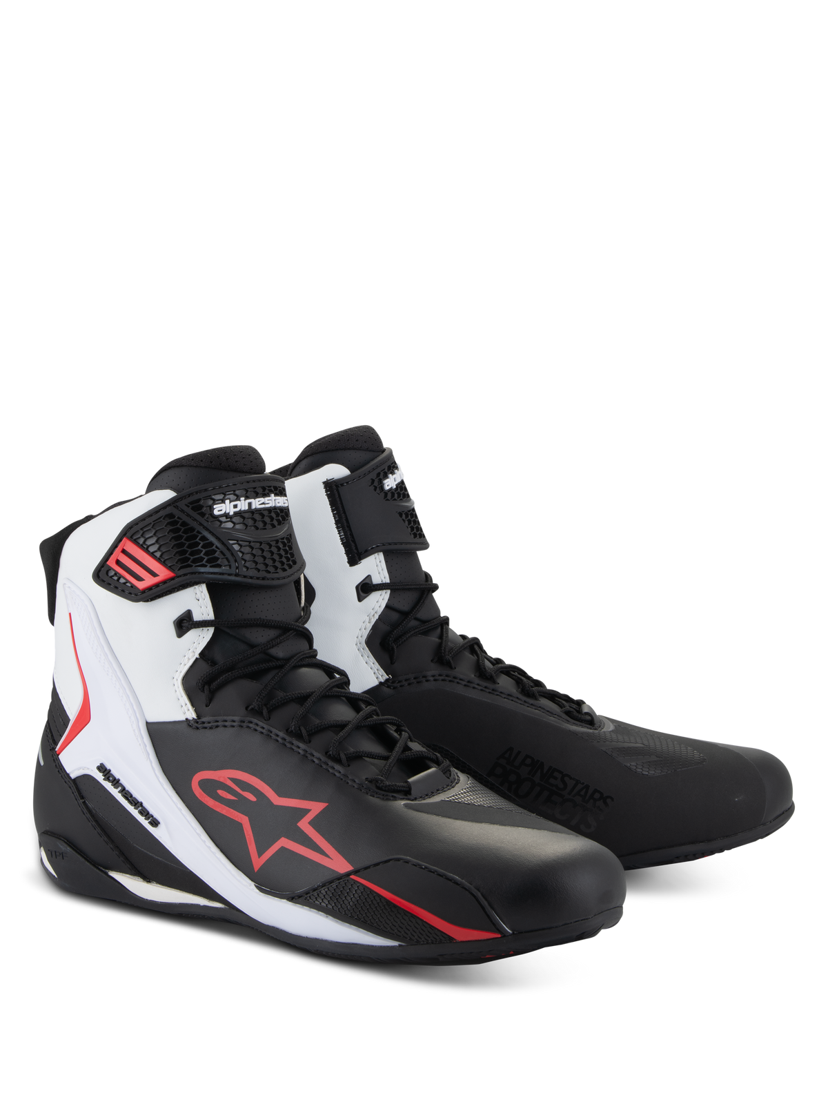 Alpinestars Faster-4 schoenen, motorschoenen, zwart wit en rood, technische wegrijschoenen met een geavanceerd bovenwerk van microvezel, vetersluiting met een klittenband enkelband, opvallend rood Alpinestars-logo en beschermende TPR-sliders.