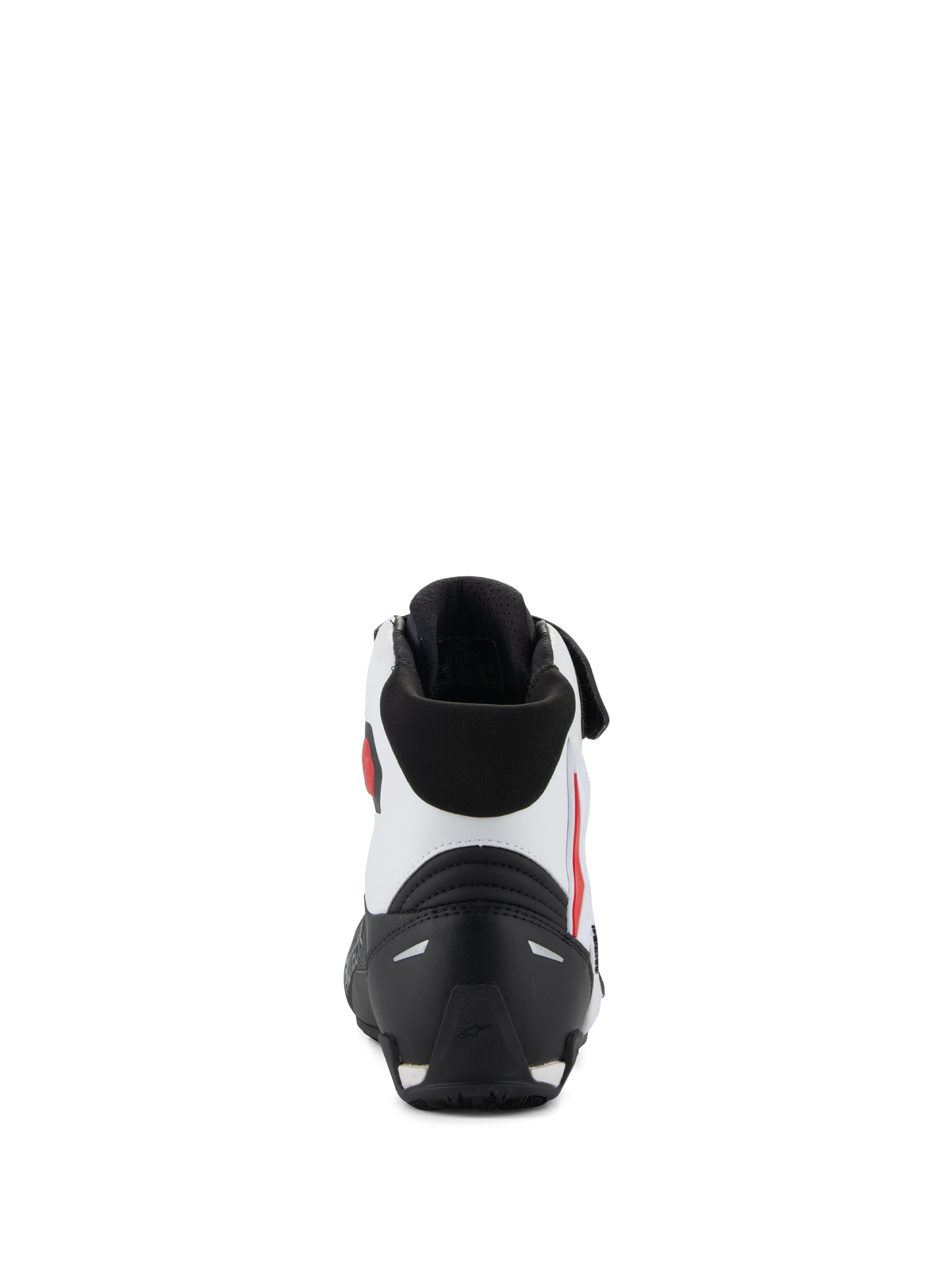 Alpinestars Faster-4 schoenen, achteraanzicht, zwart, wit en rood, met een zwarte TPR-hielcounter, wit microvezel bovenwerk met rode accenten en een zwarte gewatteerde kraag, prestatiegerichte motorrijschoenen