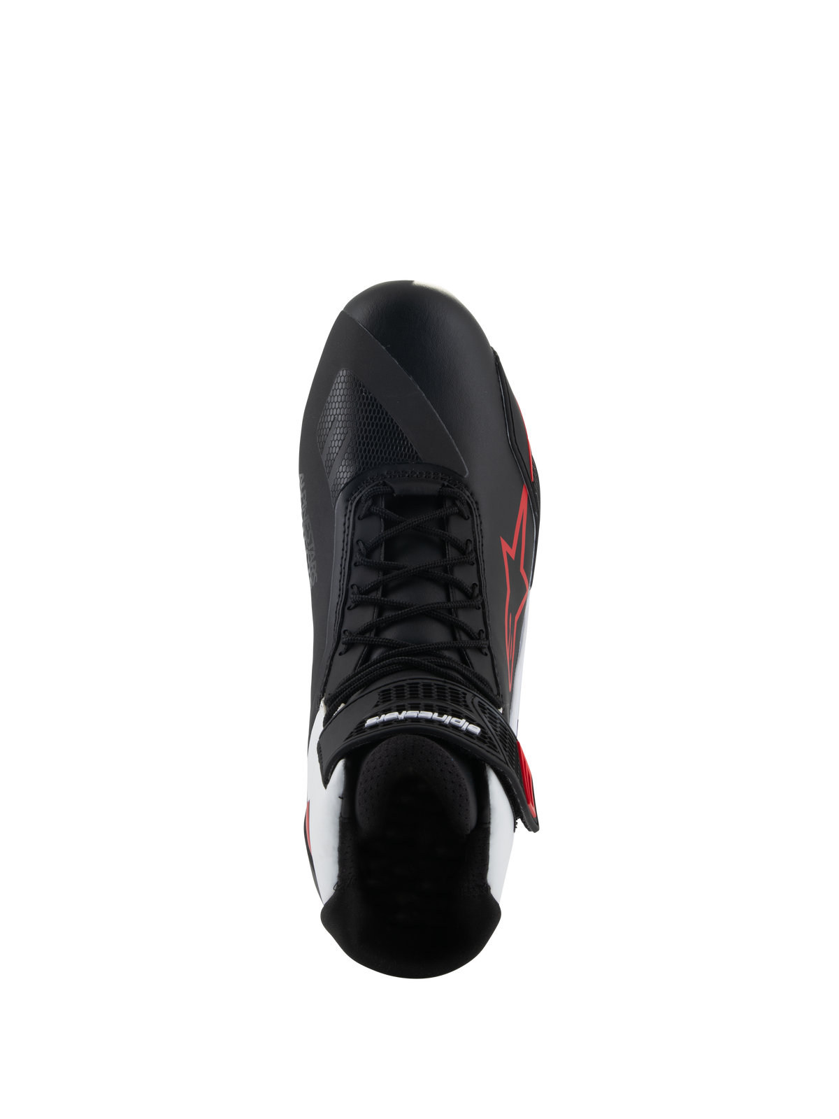 Alpinestars Faster-4 schoenen, motorrijschoenen, zwart wit rood, bovenaanzicht met zwarte veters en klittenbandsluiting aan de enkel, rood Alpinestars-sterlogo aan de zijkant, witte accenten op de hiel, asymmetrisch teenontwerp voor het schakelen.