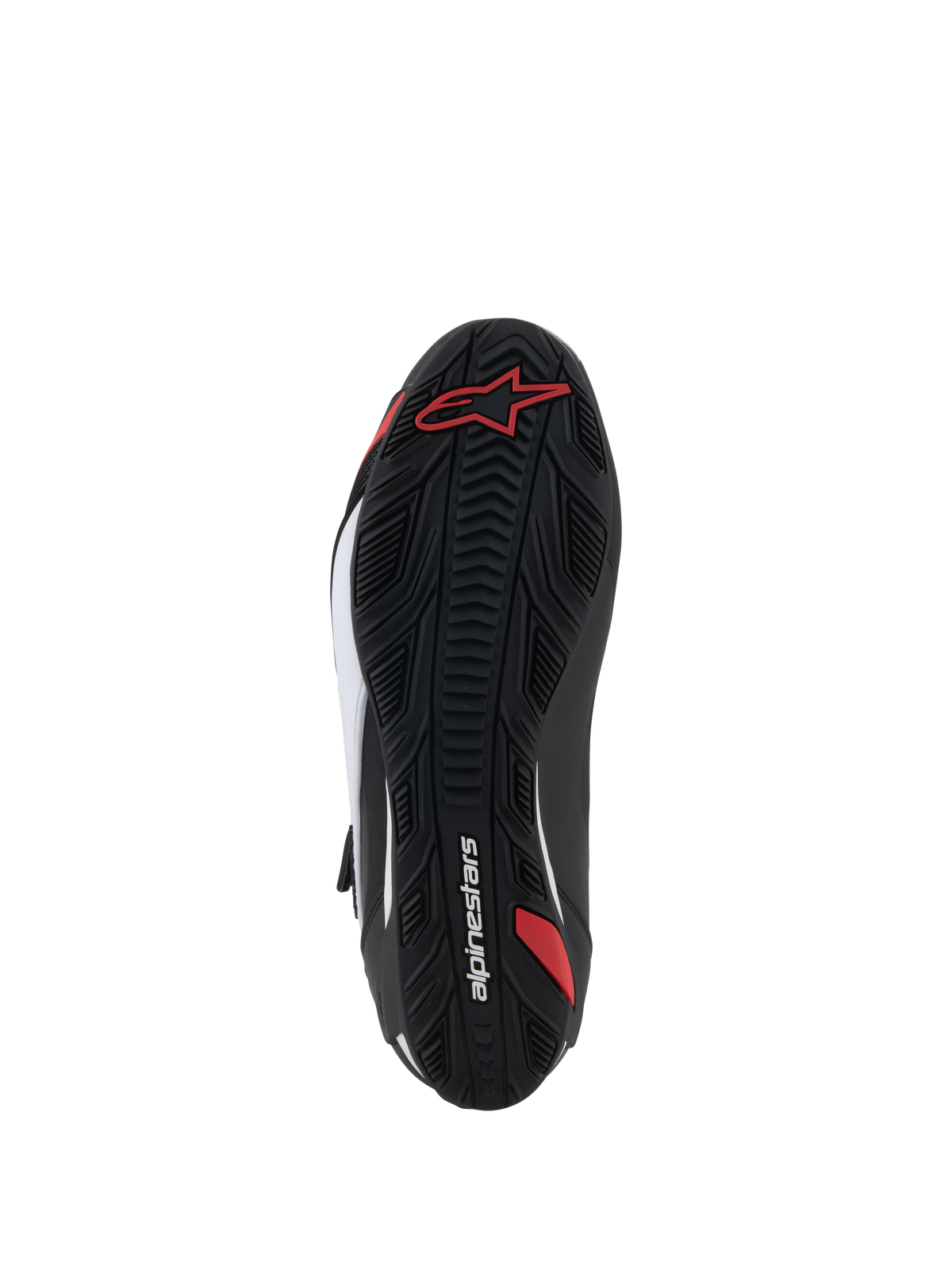 Alpinestars Faster-4 schoenen, motorschoenen, onderaanzicht van de zool, zwart rubber met getextureerd gripprofiel, voorzien van rood Alpinestars-logo en witte merknaam, ontworpen voor weg- en sportgebruik
