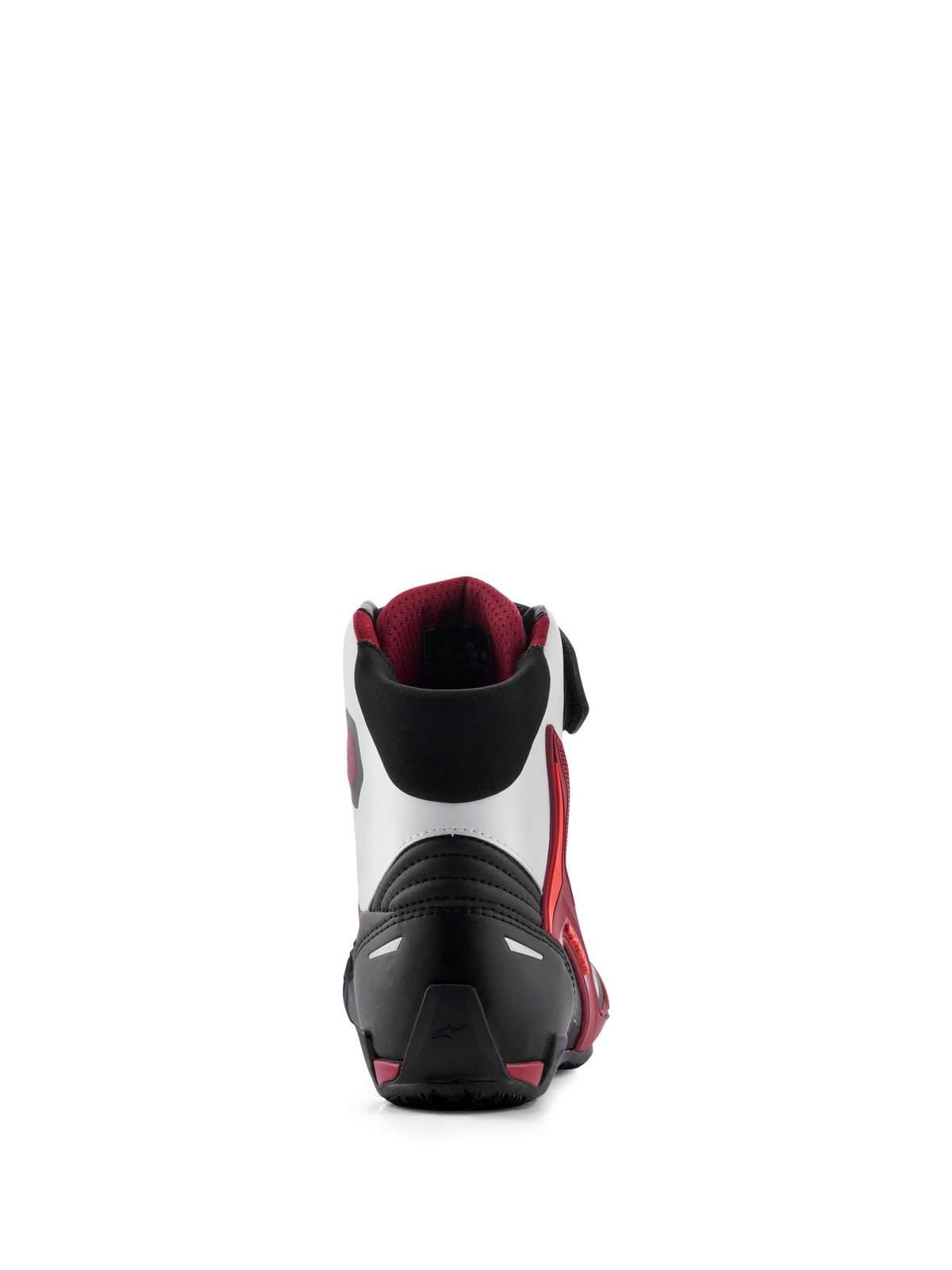 Alpinestars Faster-4 schoenen, motorschoenen, zwart, wit en donkerrood, achteraanzicht met verstevigde hielkap, TPU-enkelondersteuning en zachte textiele kraag, performance schoeisel voor op de weg