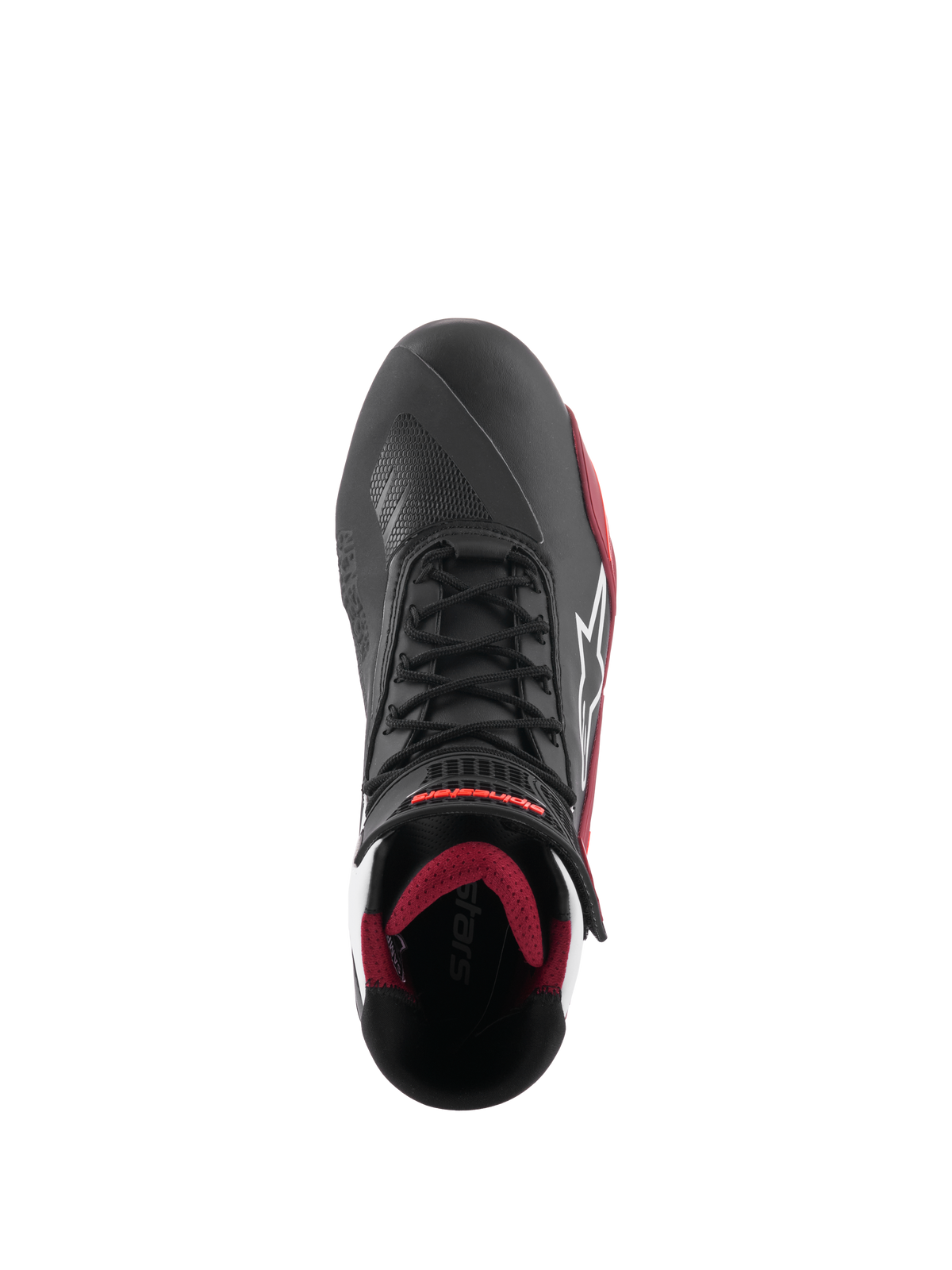 Alpinestars Faster-4 schoenen, motorschoenen, zwart, wit en donkerrood, bovenaanzicht met traditionele vetersluiting, wit Alpinestars-sterlogo en donkerrode gevoerde binnenvoering.