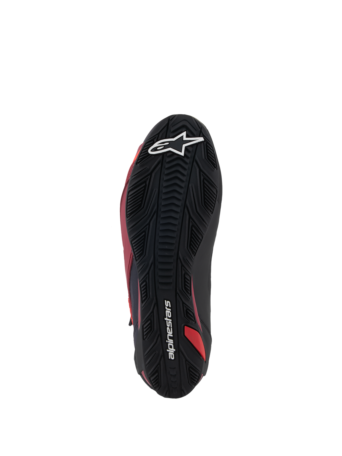 Alpinestars Faster-4 Schoenen, motorschoenen, zwart, wit en donkerrood, onderaanzicht van de getextureerde rubberen zool, voorzien van wit sterlogo en Alpinestars-woordmerk, duurzaam grippatroon voor sportief weggebruik