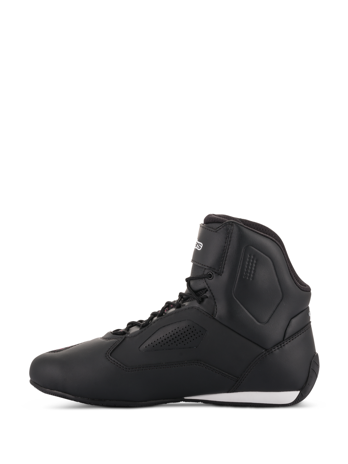 Alpinestars Women Stella Faster-3 Rideknit® Shoes, motorcycle riding shoes in Black Yellow Pink, side profile view, featuring a sleek high-top design with perforated panels and a white accent on the heel.