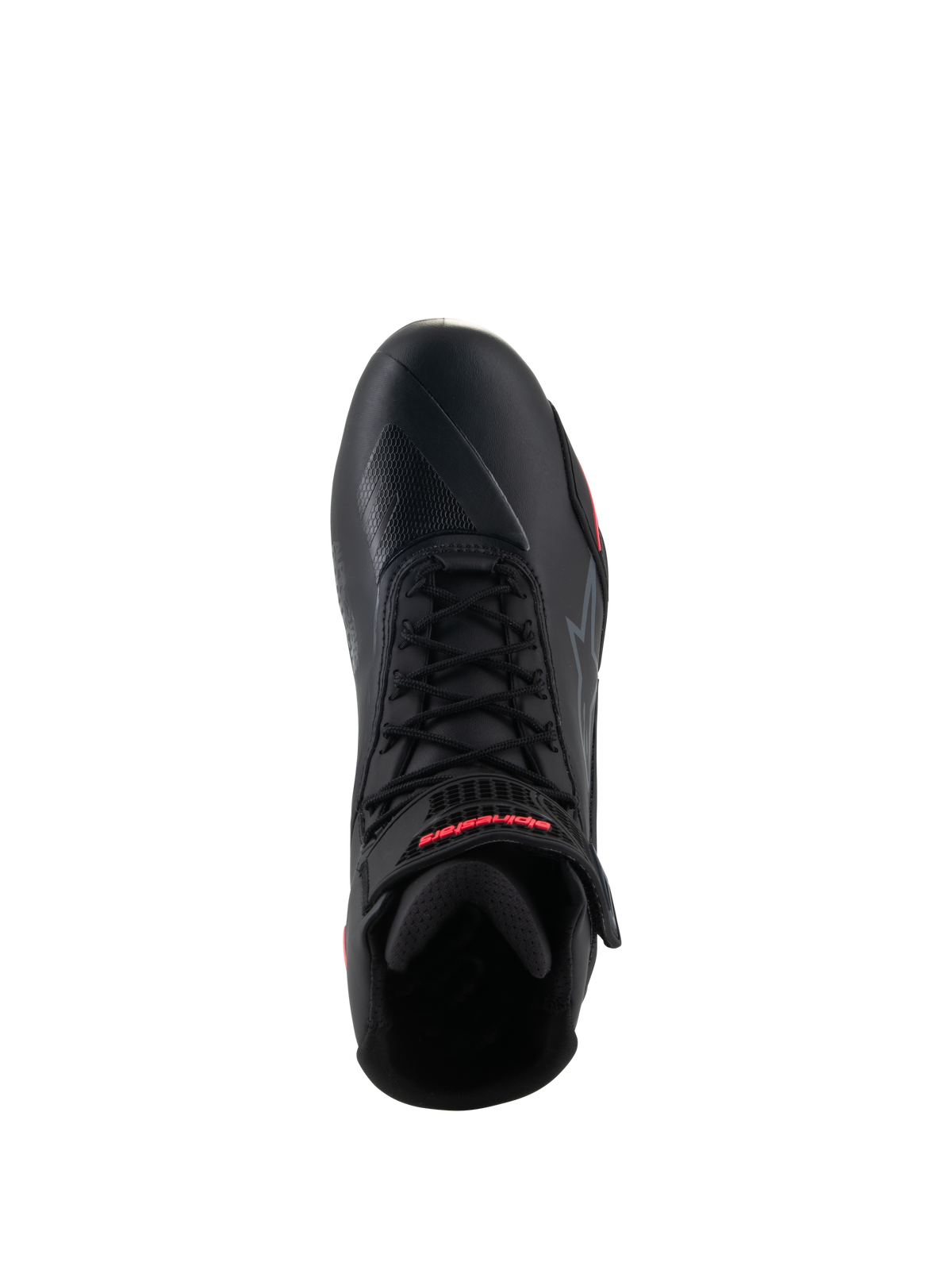 Alpinestars Stella Faster-4 Schuhe für Damen, Schwarz und Diva Pink, Draufsicht eines einzelnen Motorradschuhs, schwarze Schnürsenkel, Knöchelriemen mit rotem Branding, geschmeidiges Mikrofaser-Obermaterial
